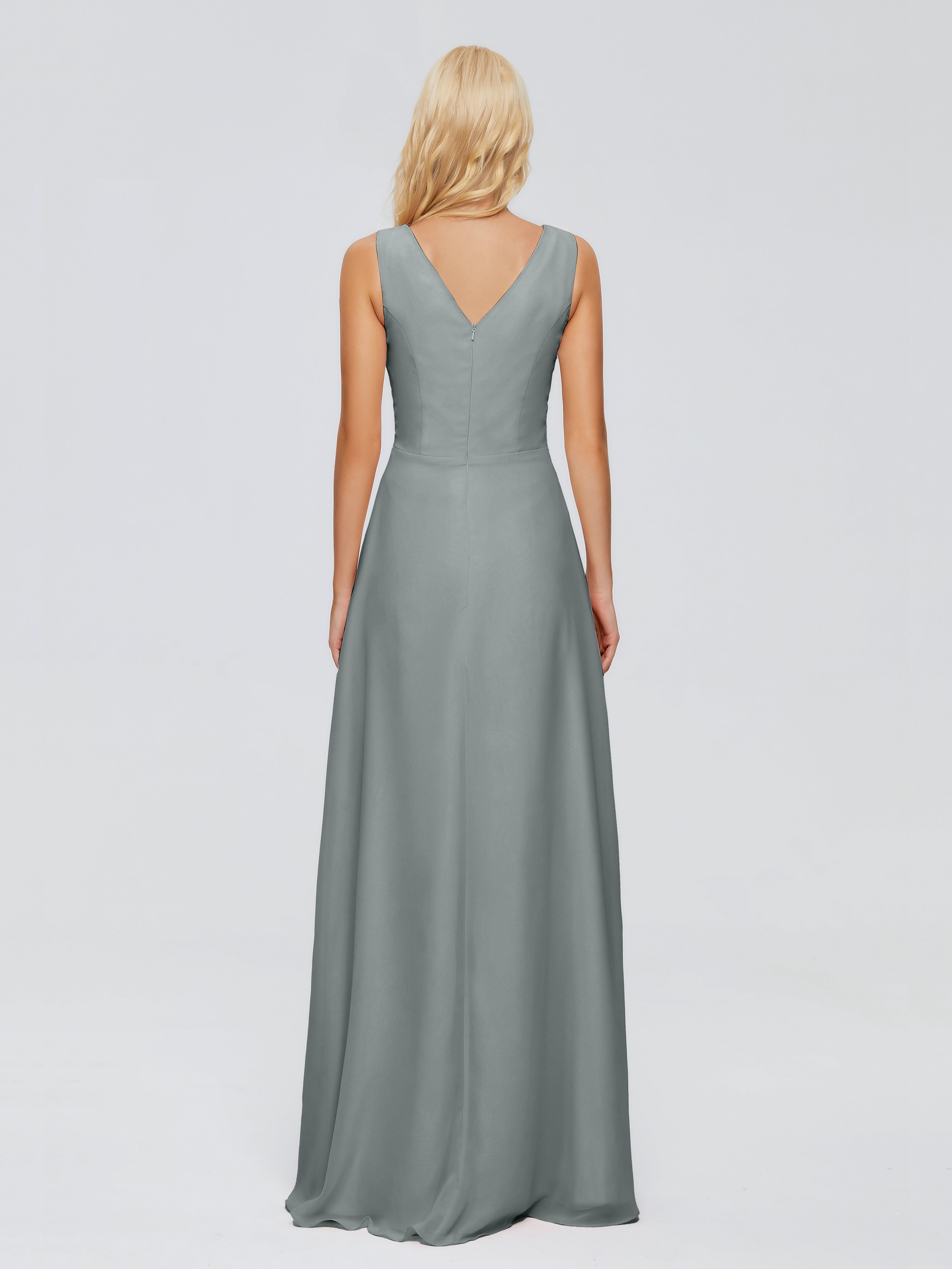 Robe Demoiselle D Honneur Gris Argenté Fourreau Col V Sans Manche Mousseline Robes Demoiselle D'Honneur