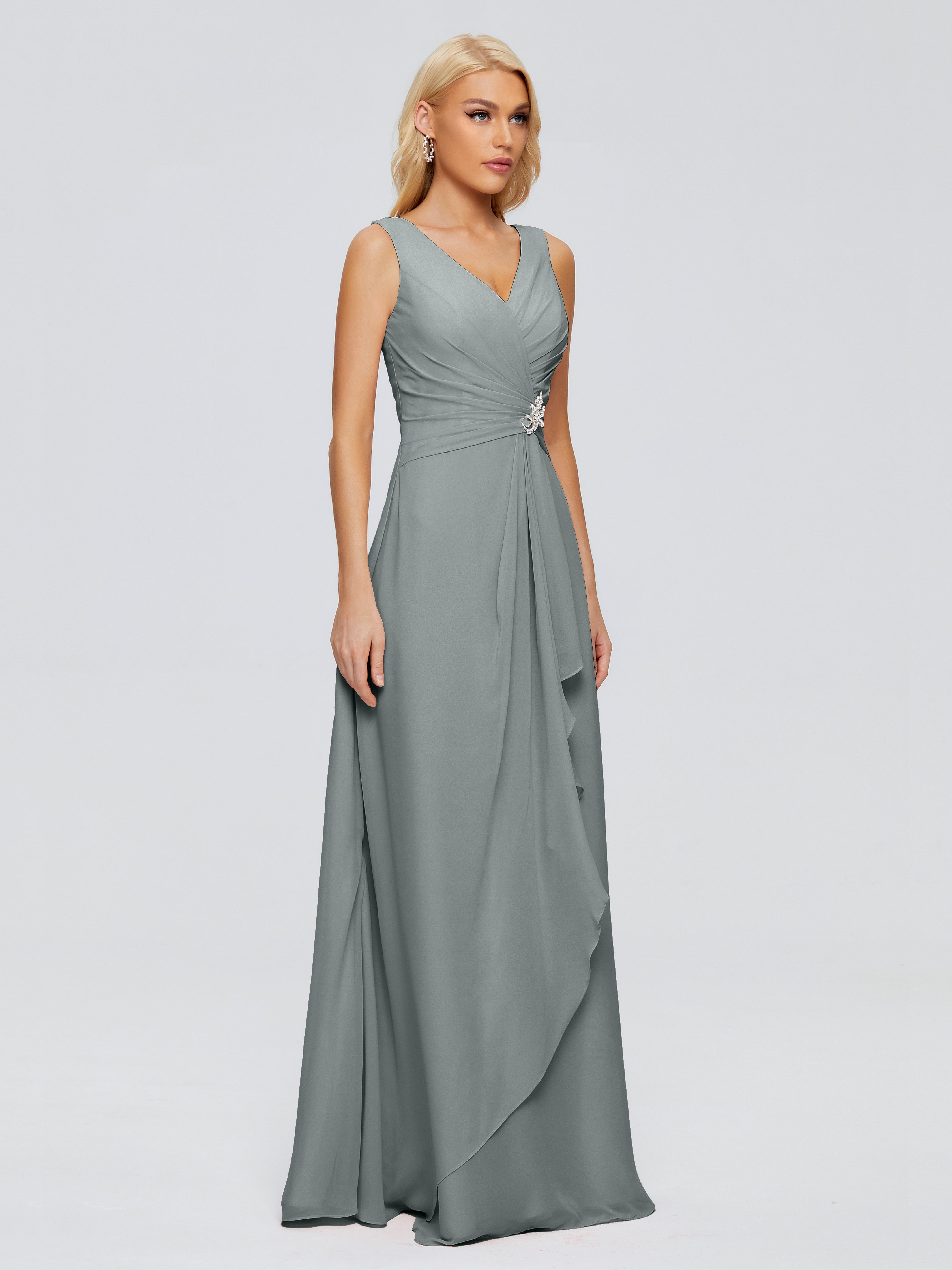 Robe Demoiselle D Honneur Gris Argenté Fourreau Col V Sans Manche Mousseline Robes Demoiselle D'Honneur