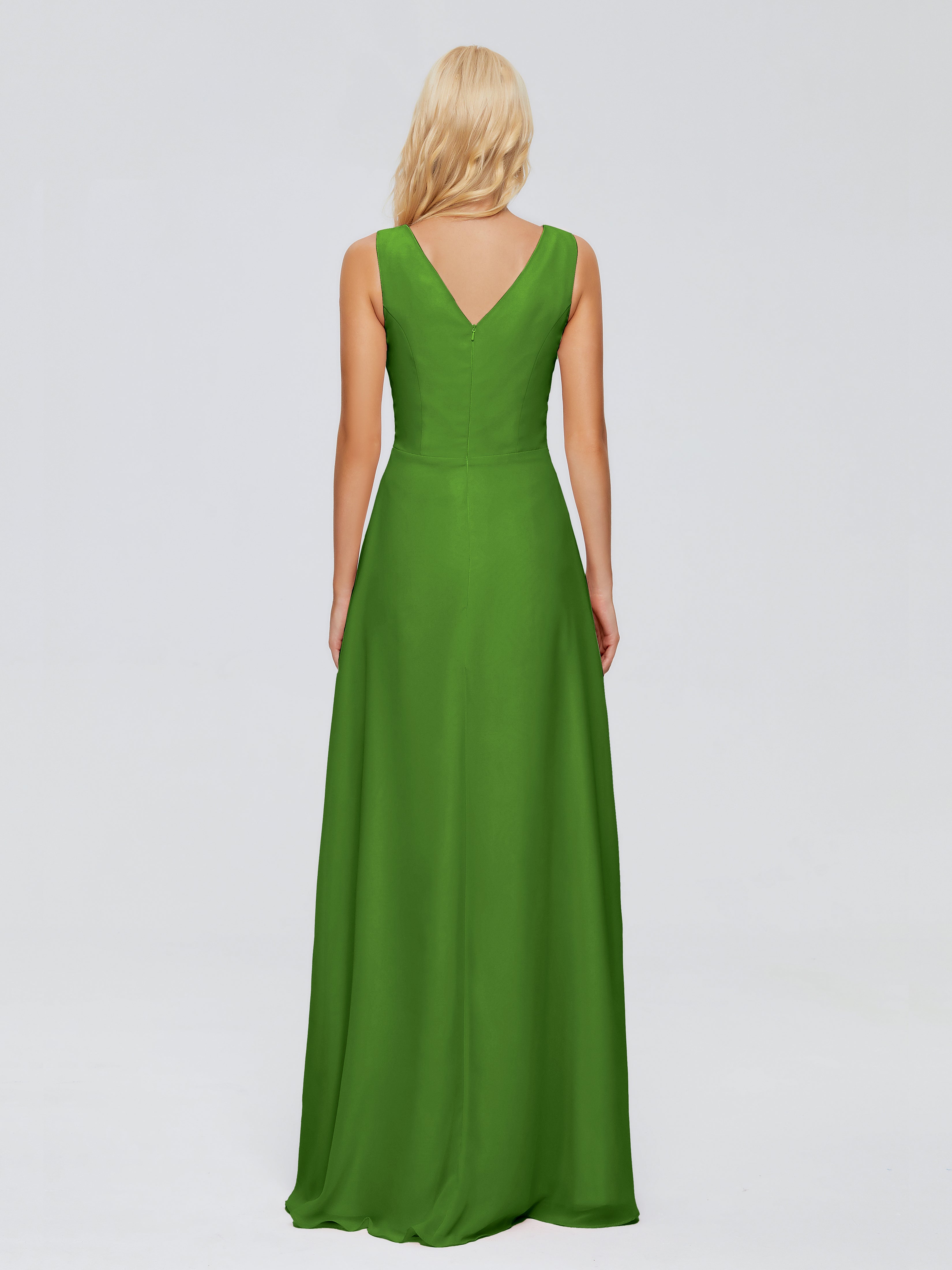 Robes De Demoiselle D'Honneur Vert Mousse Fourreau Col V Sans Manche Mousseline Robes Demoiselle D'Honneur