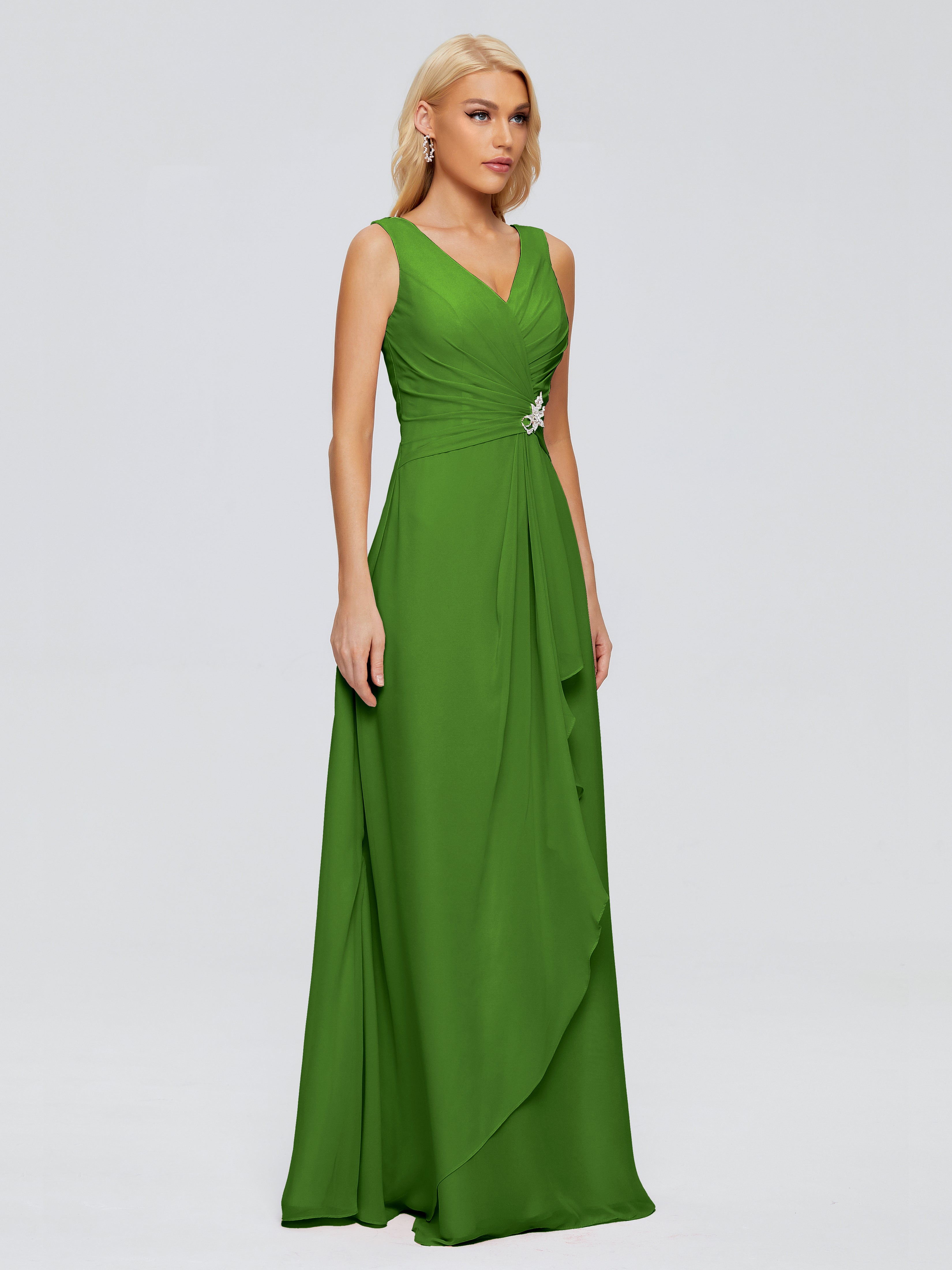 Robes De Demoiselle D'Honneur Vert Mousse Fourreau Col V Sans Manche Mousseline Robes Demoiselle D'Honneur