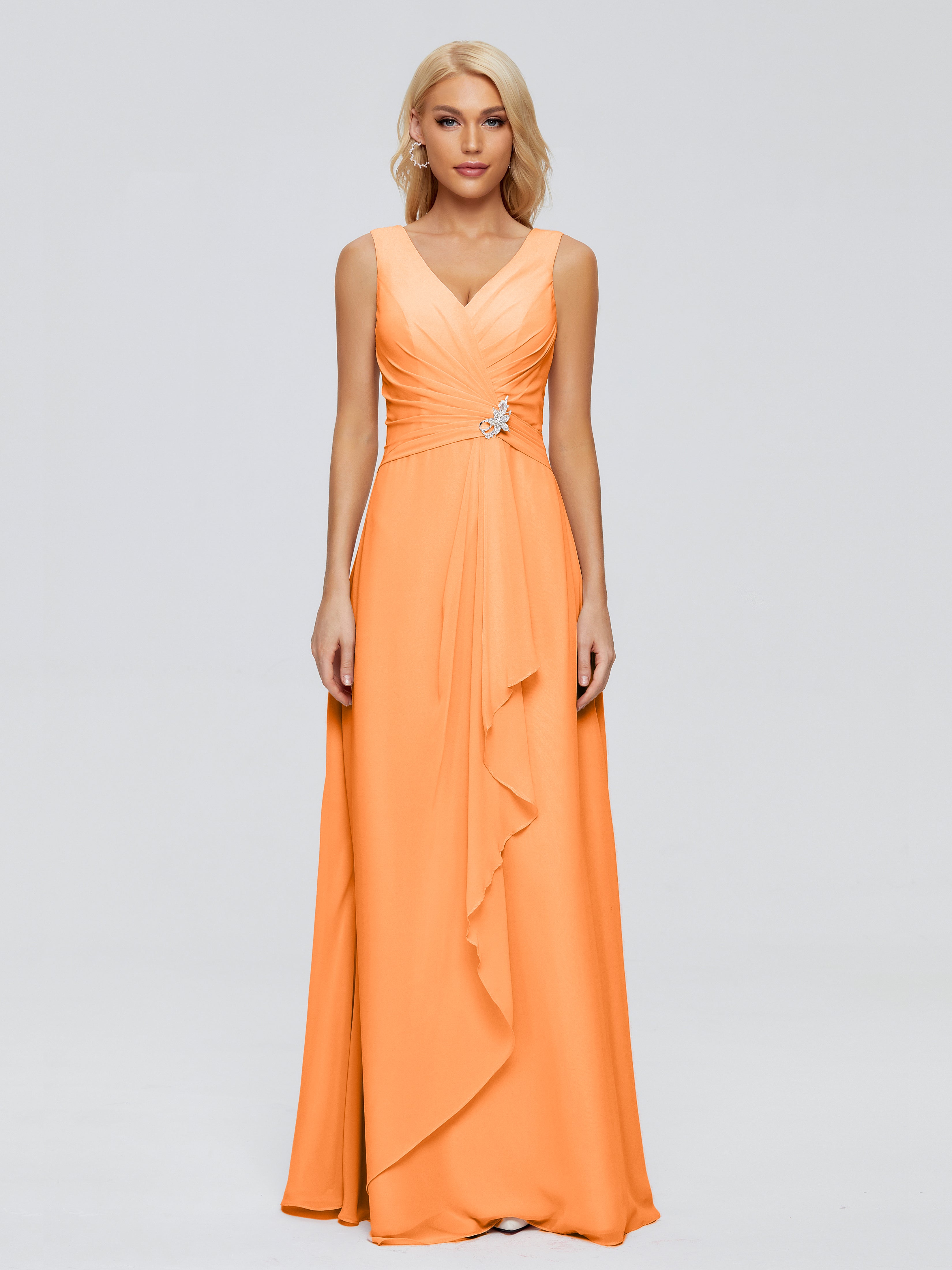 Robe Demoiselle Dhonneur Orange Fourreau Col V Sans Manche Mousseline Robes Demoiselle D'Honneur