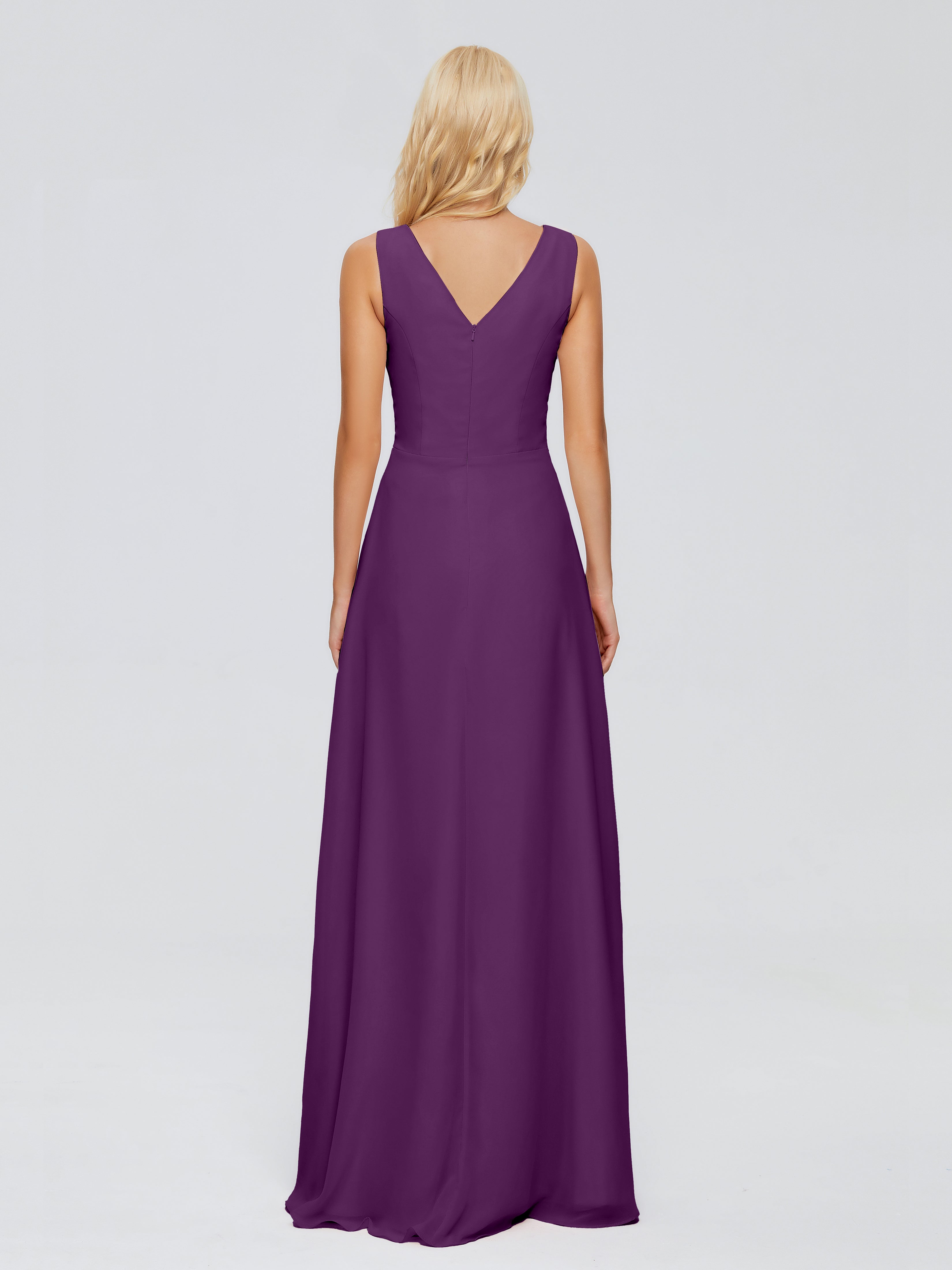 Robes De Demoiselle D'Honneur En Raisin Fourreau Col V Sans Manche Mousseline Robes Demoiselle D'Honneur