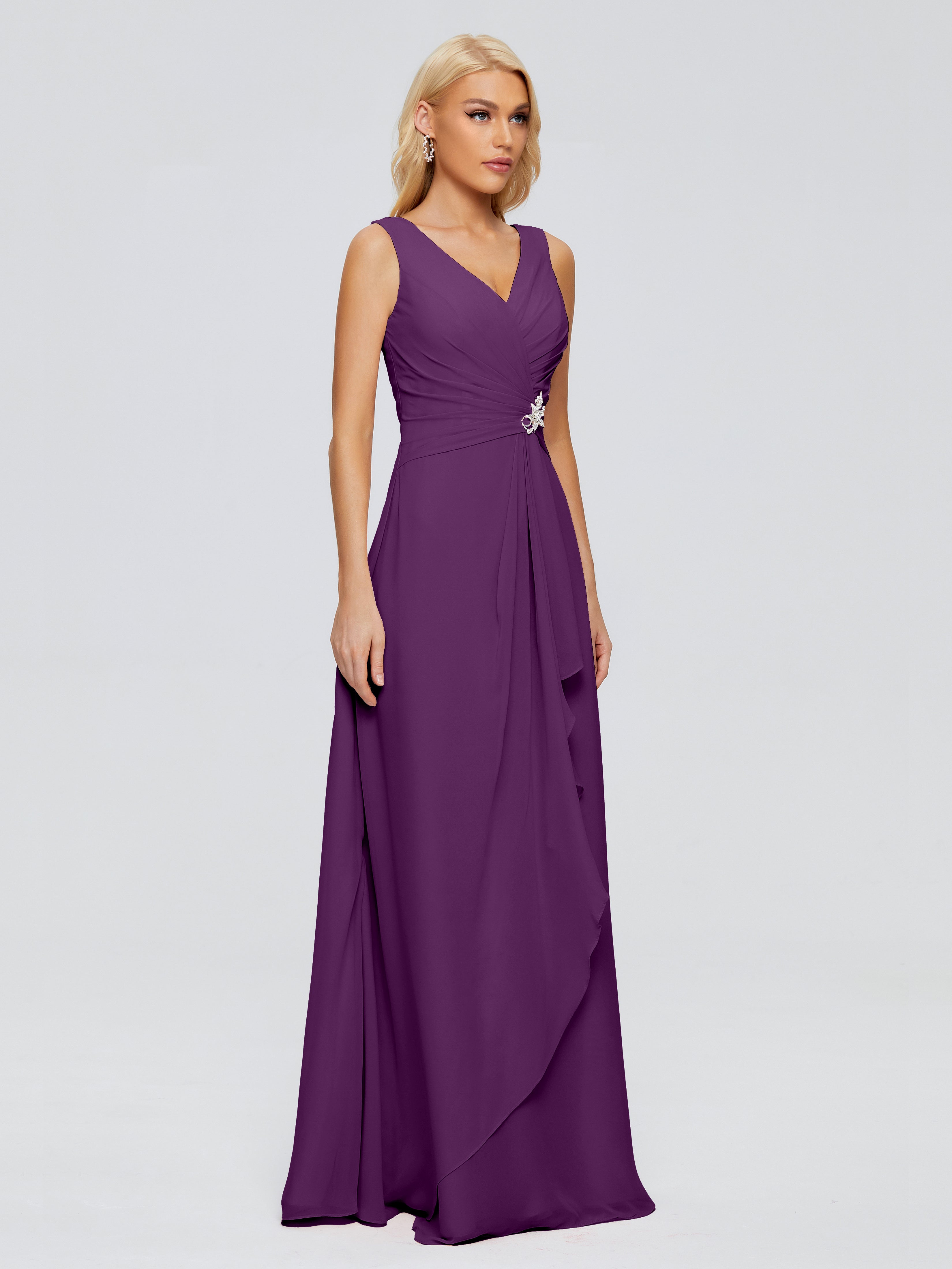 Robes De Demoiselle D'Honneur En Raisin Fourreau Col V Sans Manche Mousseline Robes Demoiselle D'Honneur