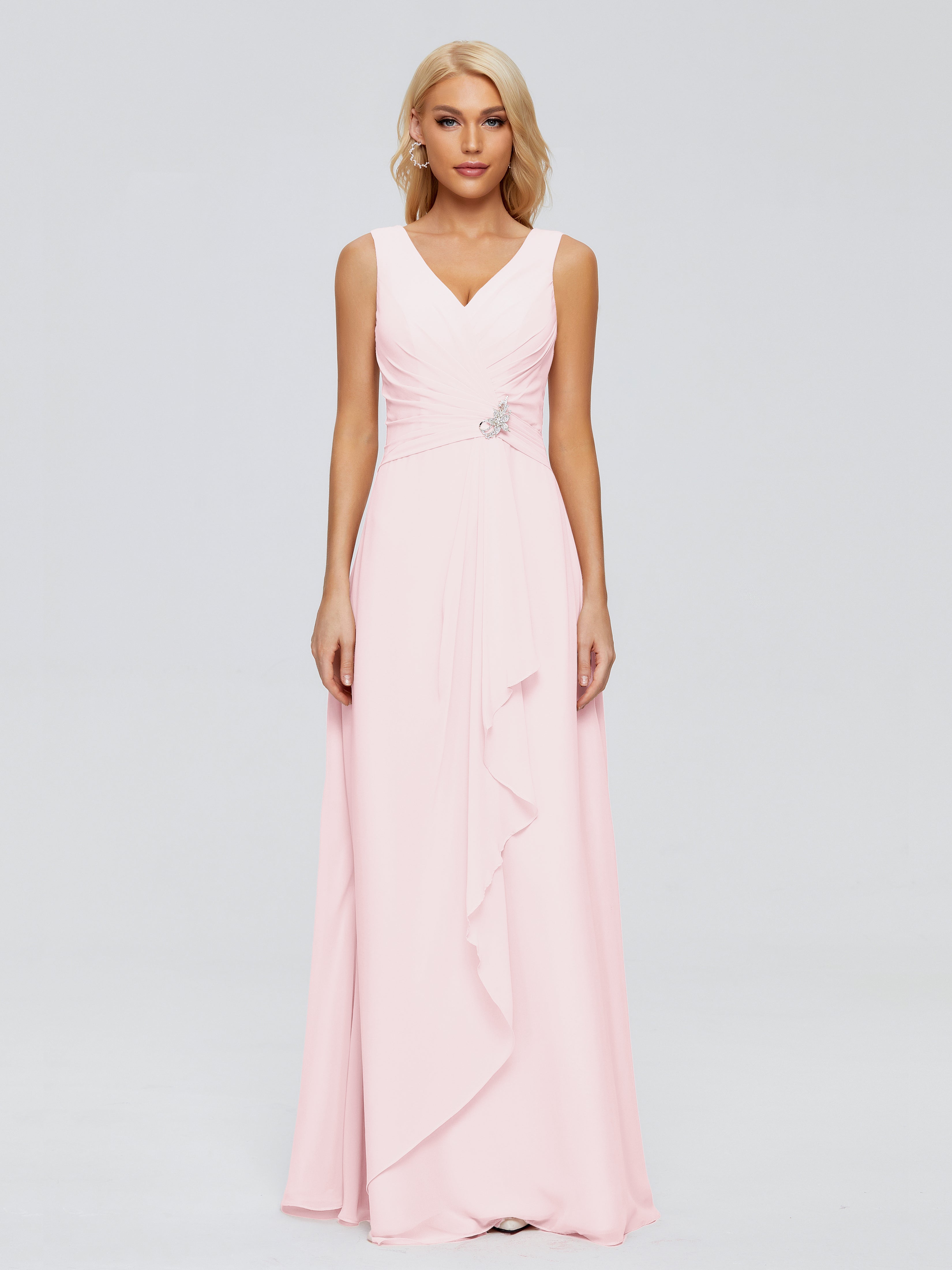 Robe Longue Mousseline Rose Pale Fourreau Col V Sans Manche Mousseline Robes Demoiselle D'Honneur