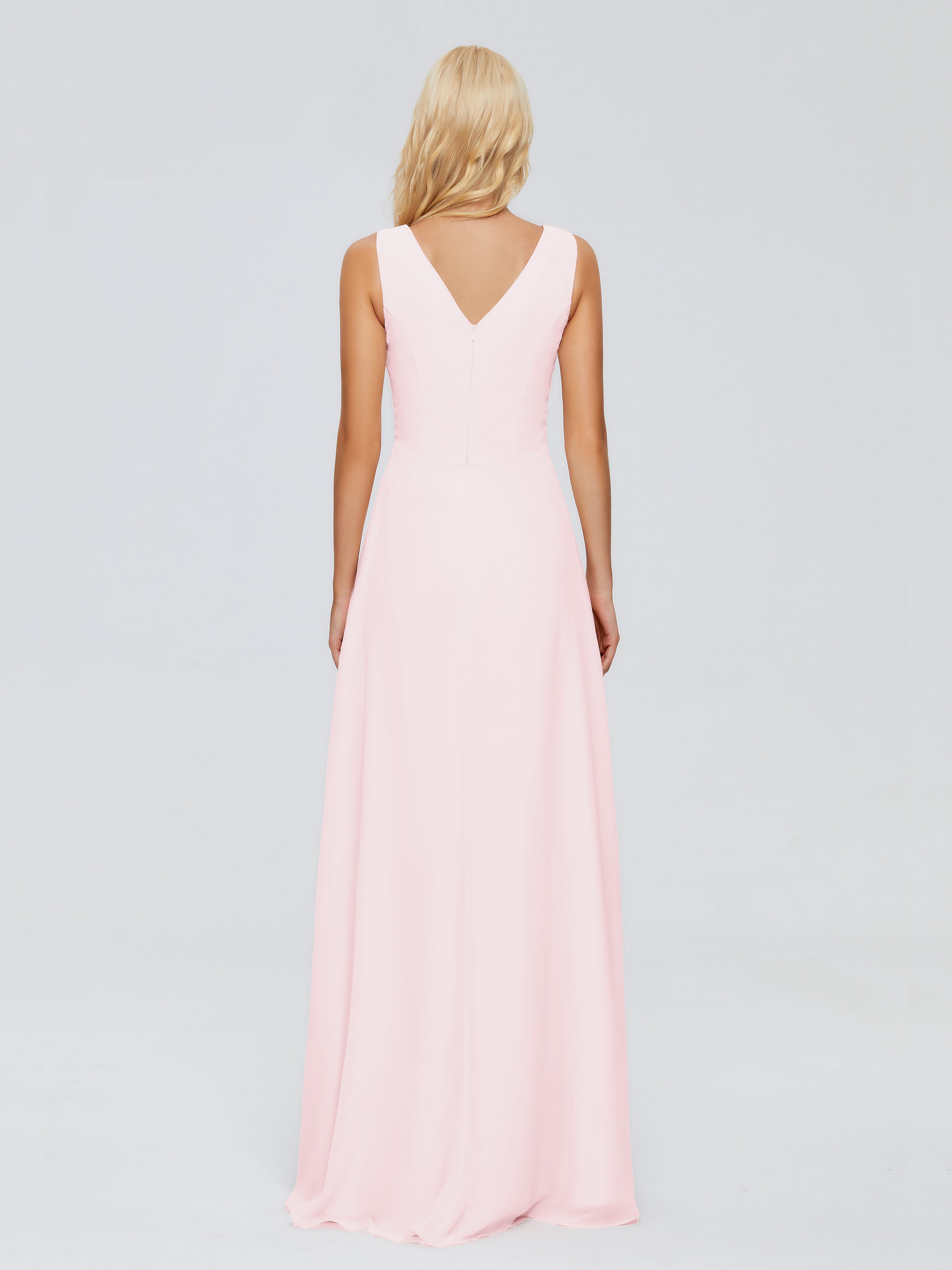 Robe Longue Mousseline Rose Pale Fourreau Col V Sans Manche Mousseline Robes Demoiselle D'Honneur