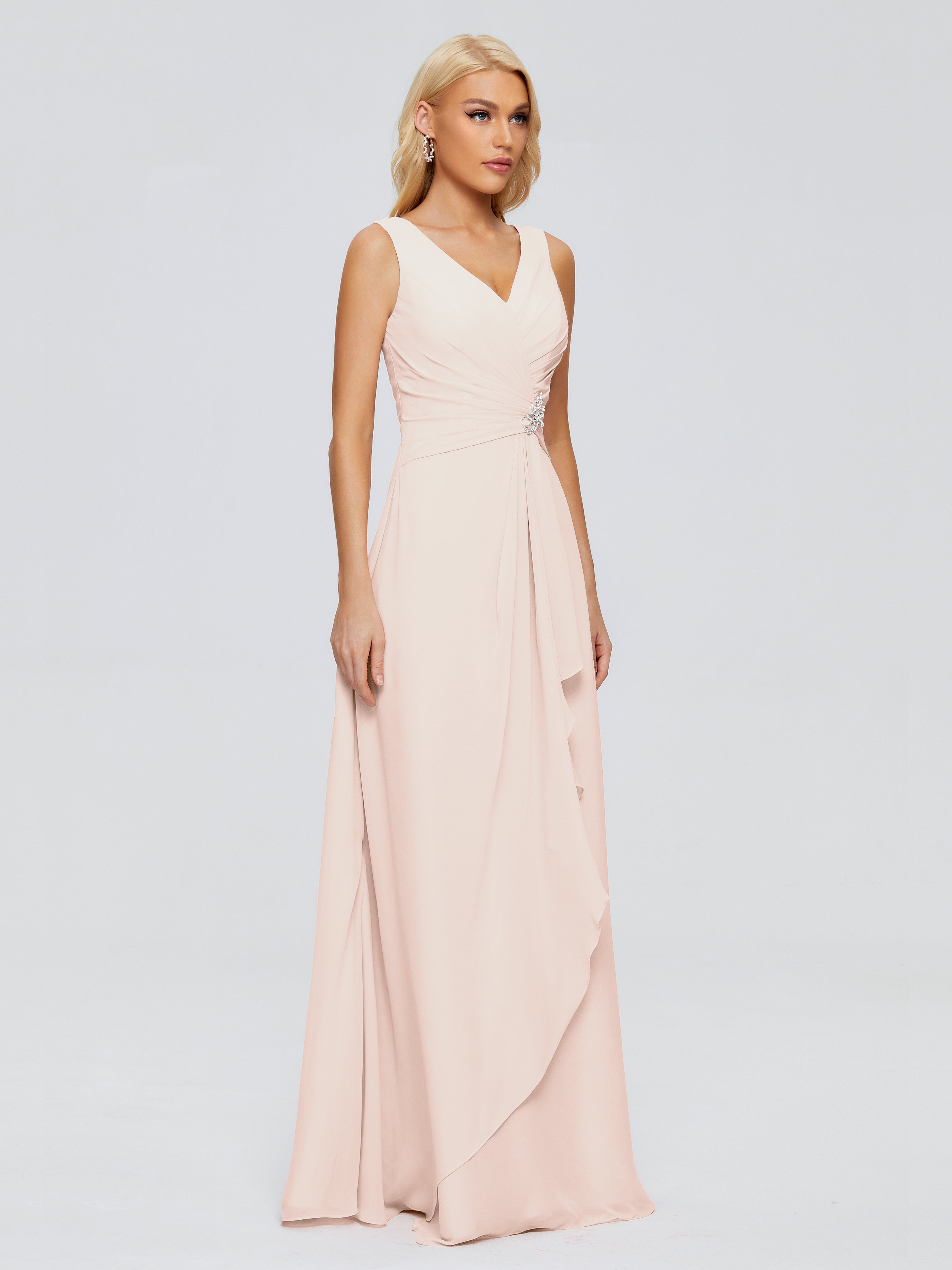 Robe Demoiselle D Honneur Rose Perle Fourreau Col V Sans Manche Mousseline Robes Demoiselle D'Honneur