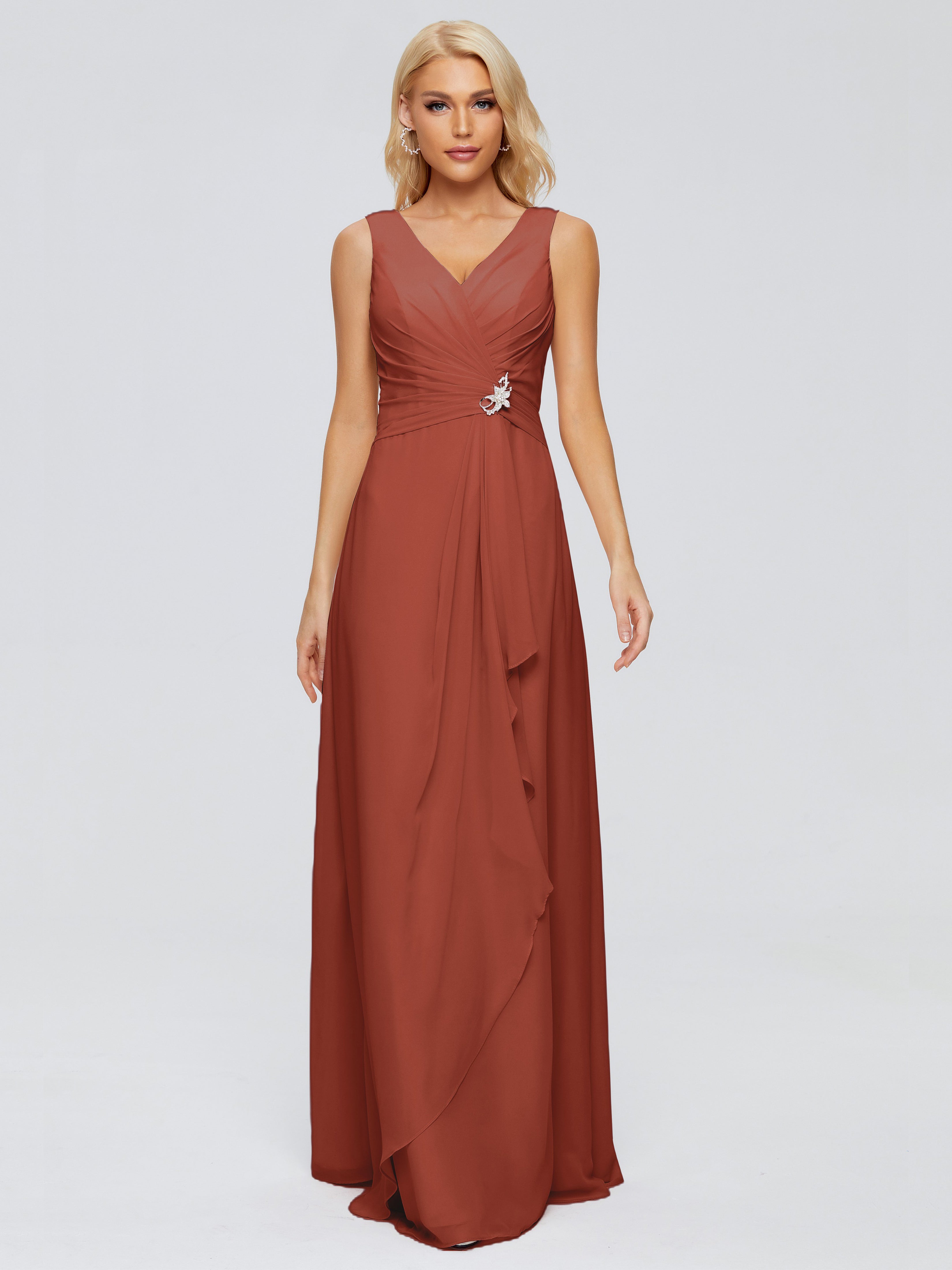Robe De Demoiselle D'Honneur Rouille Fourreau Col V Sans Manche Mousseline Robes Demoiselle D'Honneur