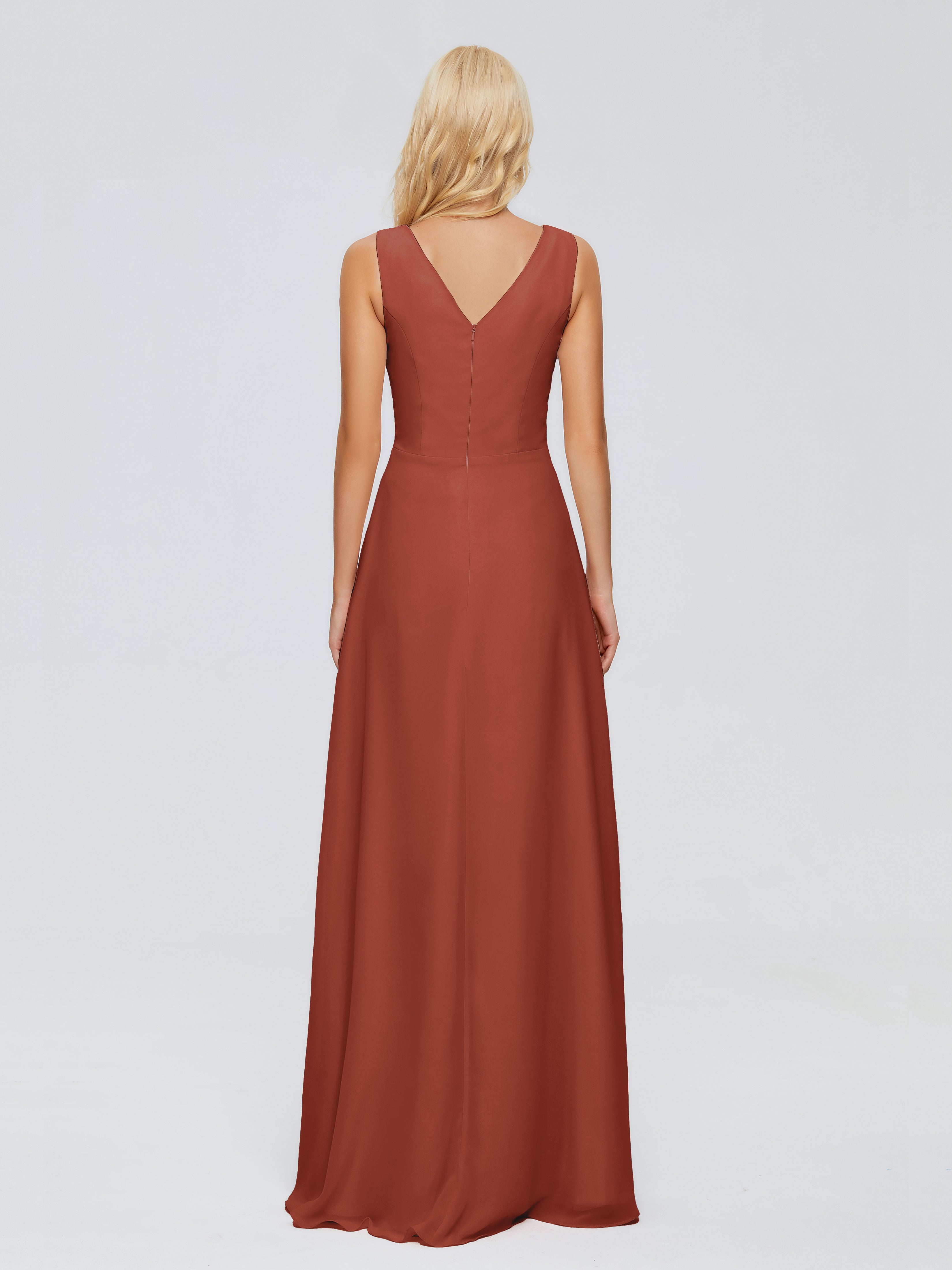 Robe De Demoiselle D'Honneur Rouille Fourreau Col V Sans Manche Mousseline Robes Demoiselle D'Honneur