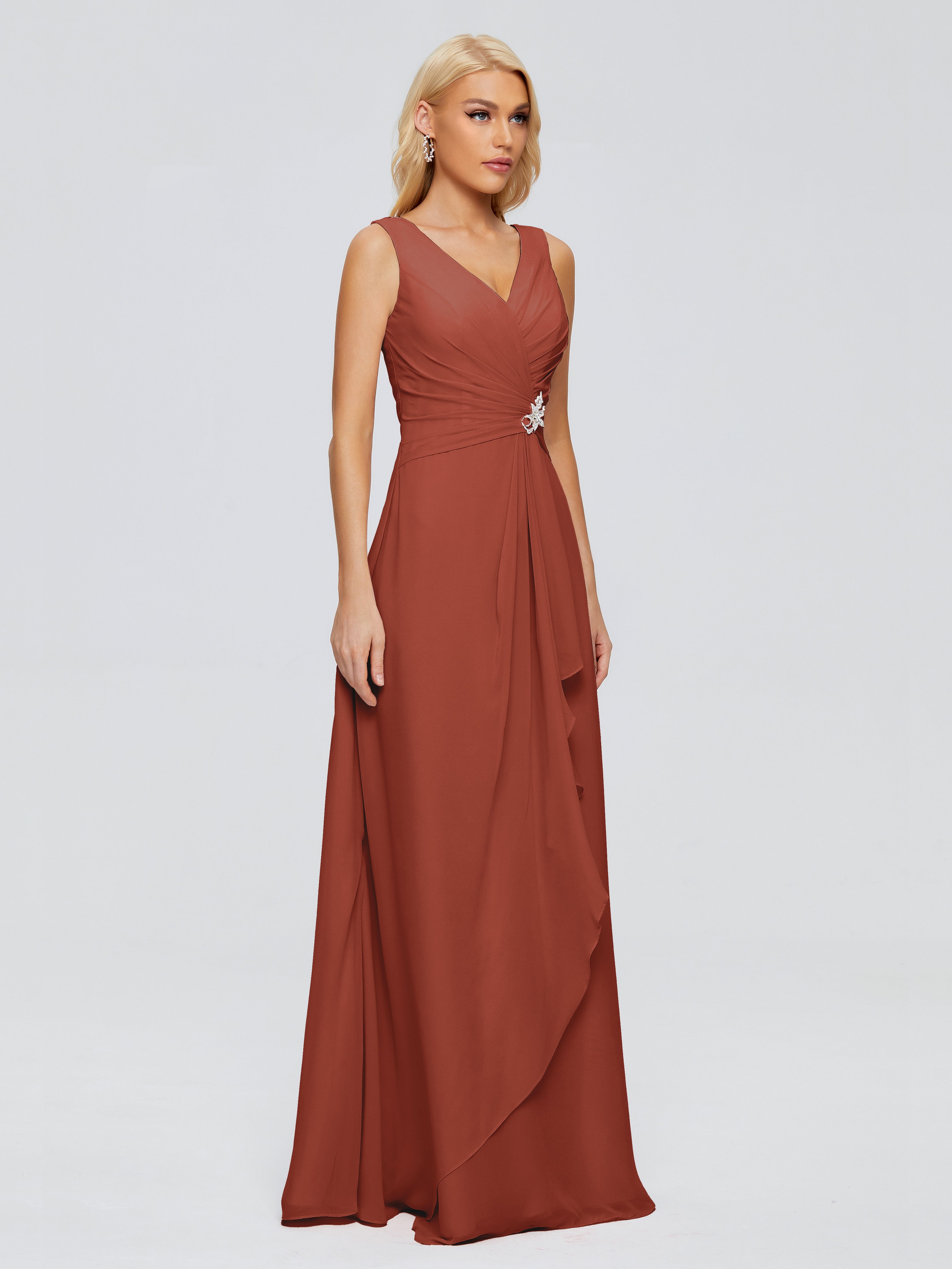 Robe De Demoiselle D'Honneur Rouille Fourreau Col V Sans Manche Mousseline Robes Demoiselle D'Honneur