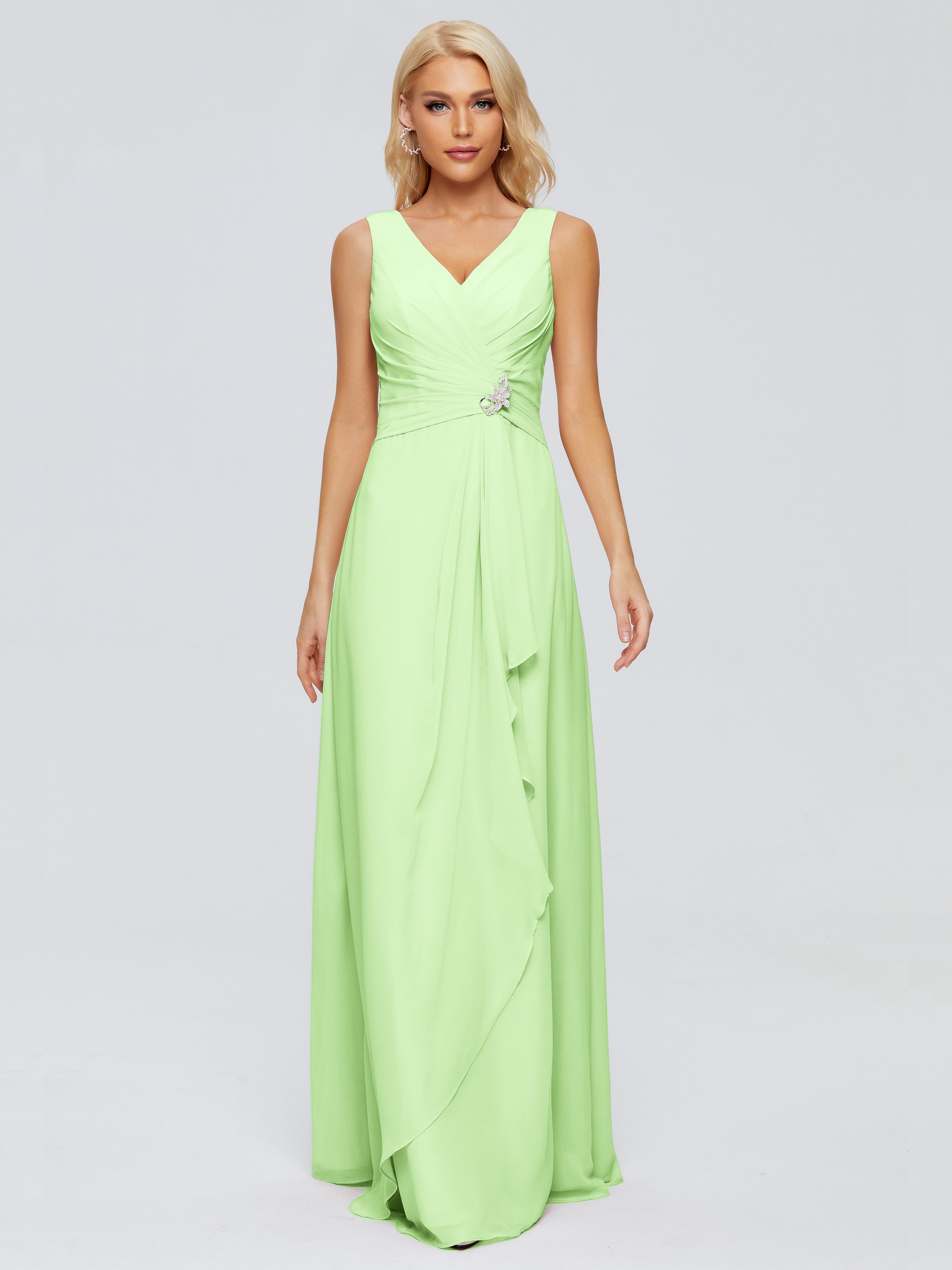 Robe Longue Demoiselle D Honneur Vert Sauge Fourreau Col V Sans Manche Mousseline Robes Demoiselle D'Honneur