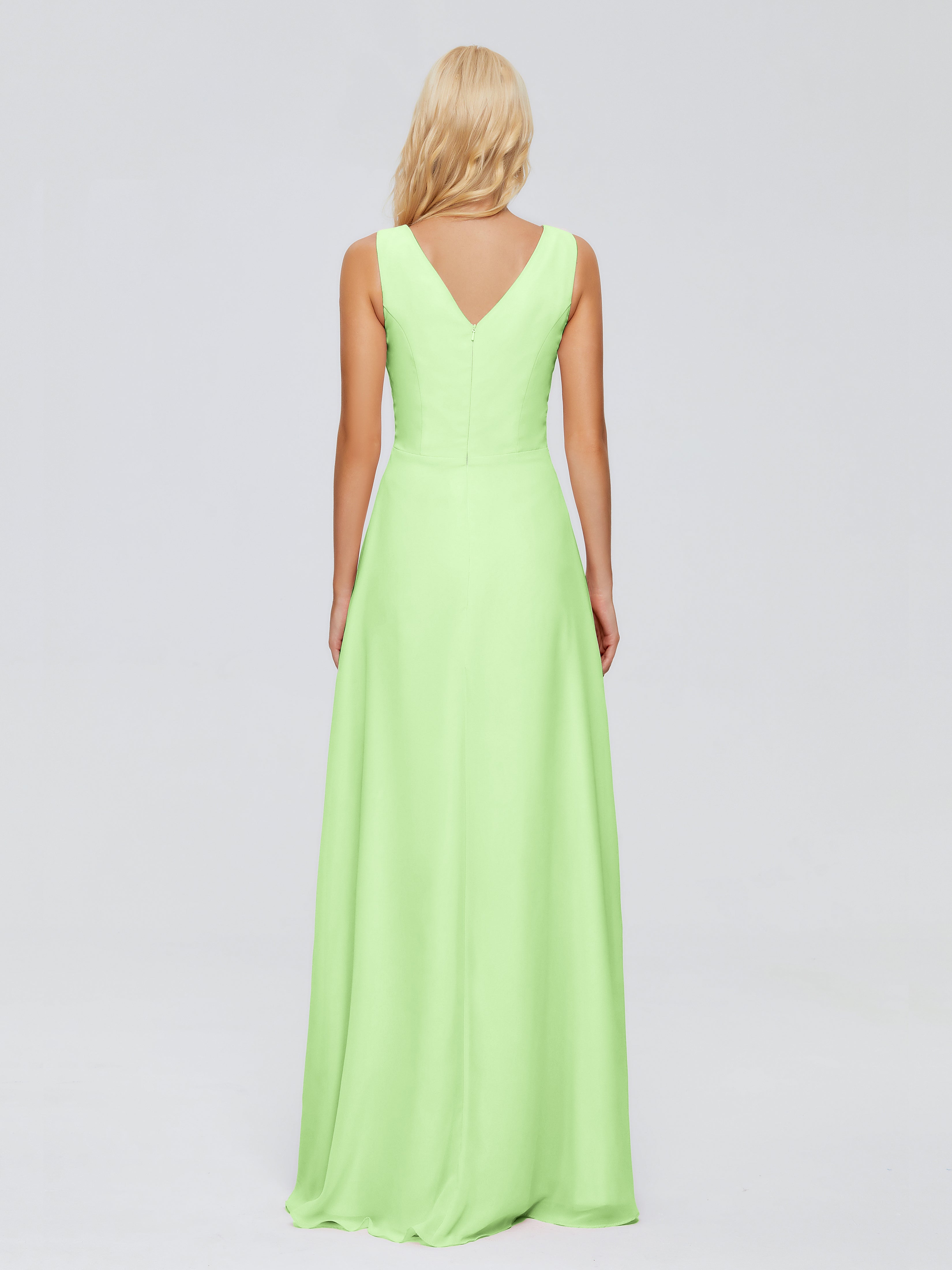 Robe Longue Demoiselle D Honneur Vert Sauge Fourreau Col V Sans Manche Mousseline Robes Demoiselle D'Honneur