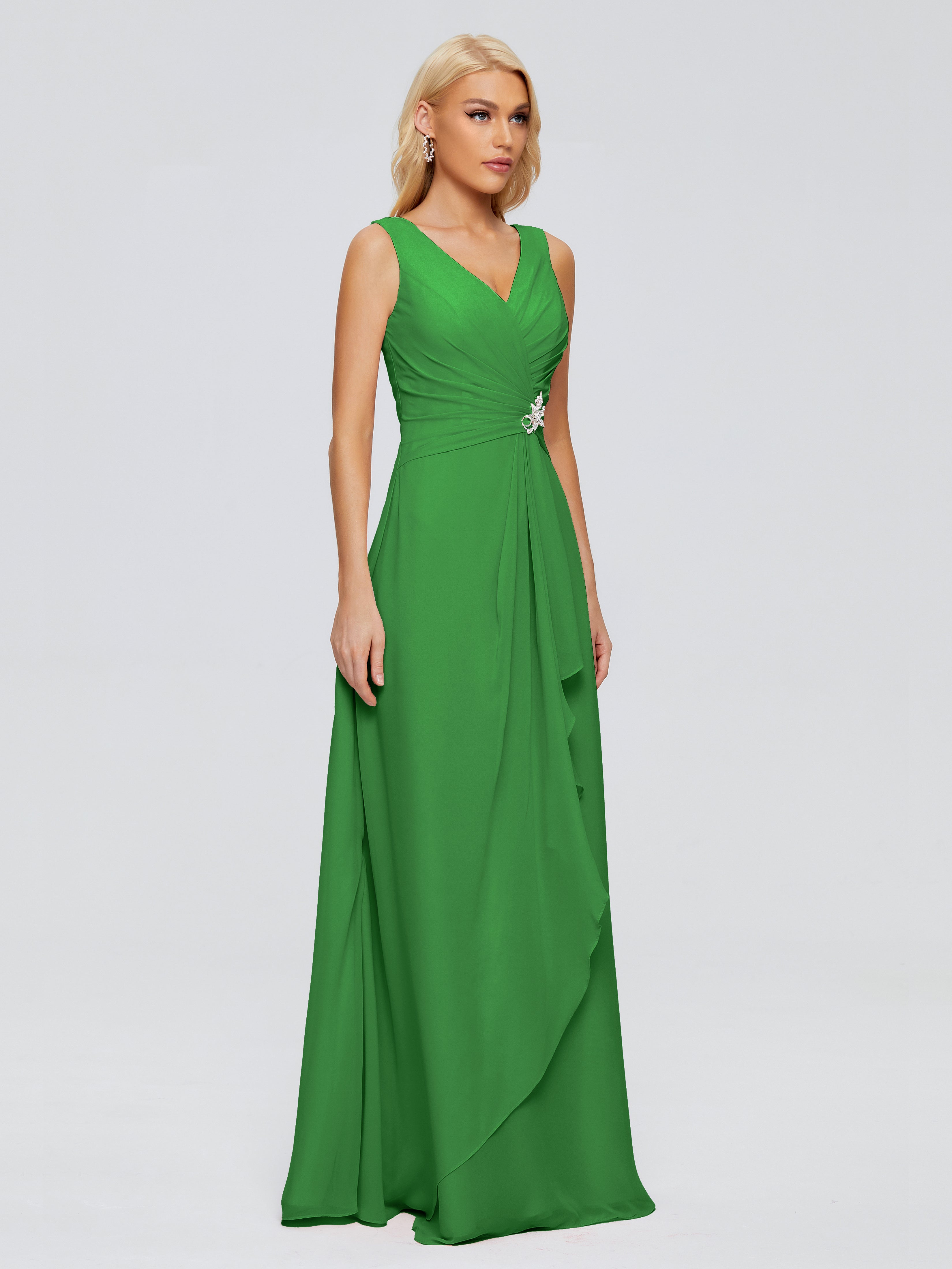 Robe Longue Verte Demoiselle D Honneur Fourreau Col V Sans Manche Mousseline Robes Demoiselle D'Honneur