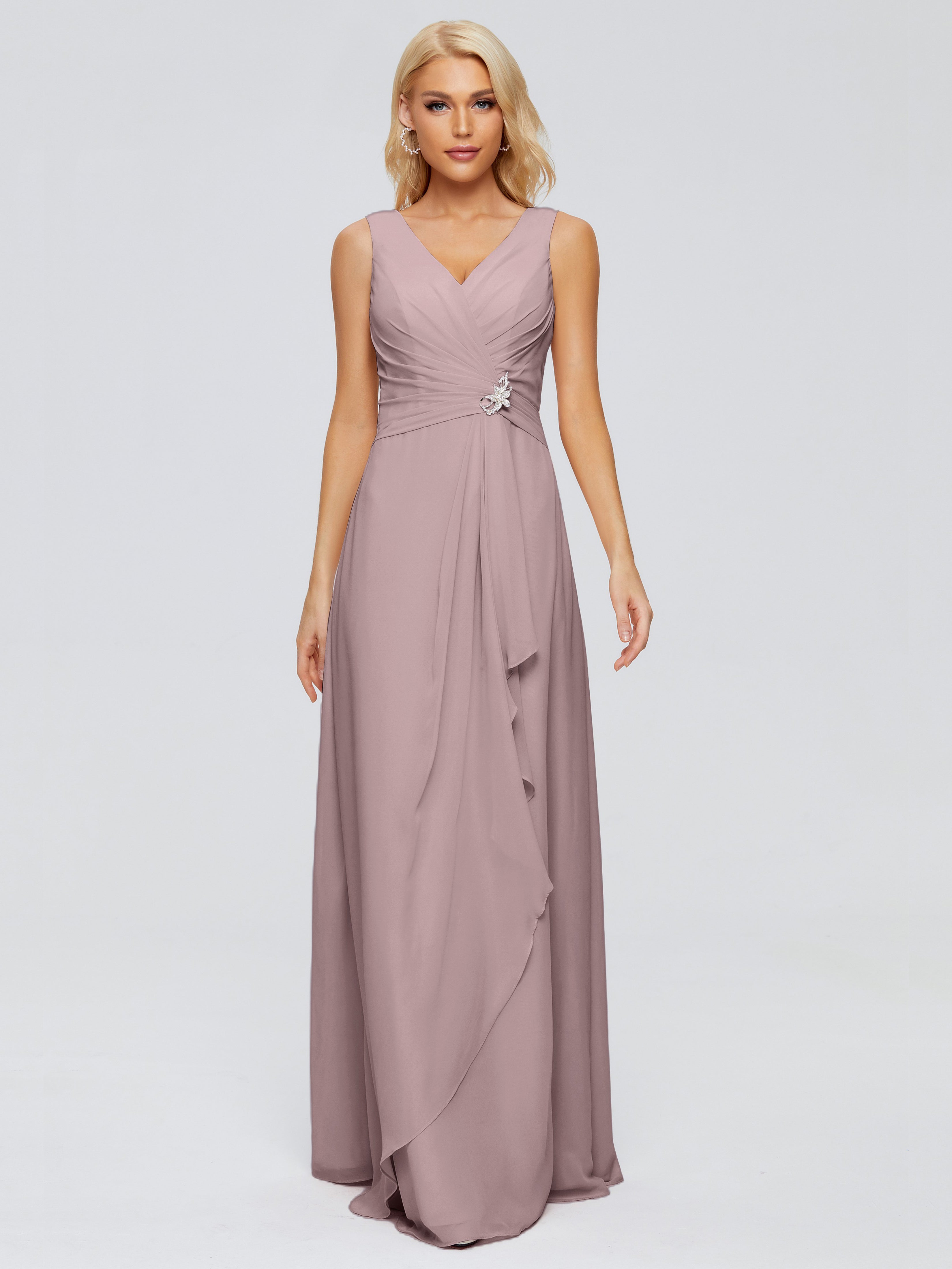 Robes De Demoiselle D'Honneur Mauve Foncé Fourreau Col V Sans Manche Mousseline Robes Demoiselle D'Honneur