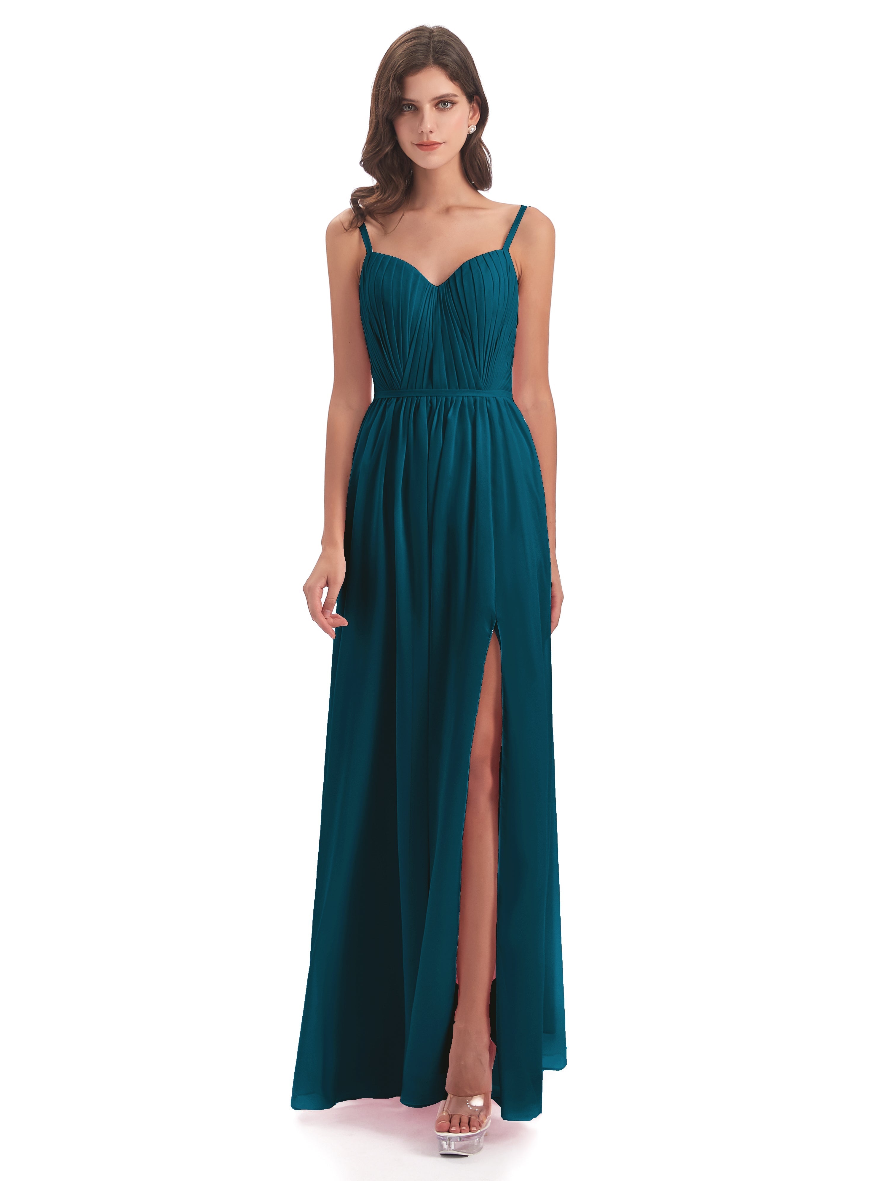 Robes De Demoiselle D'Honneur Bleu Encre Bretelles Spaghetti Fendue Devant Robes Demoiselle D'Honneur