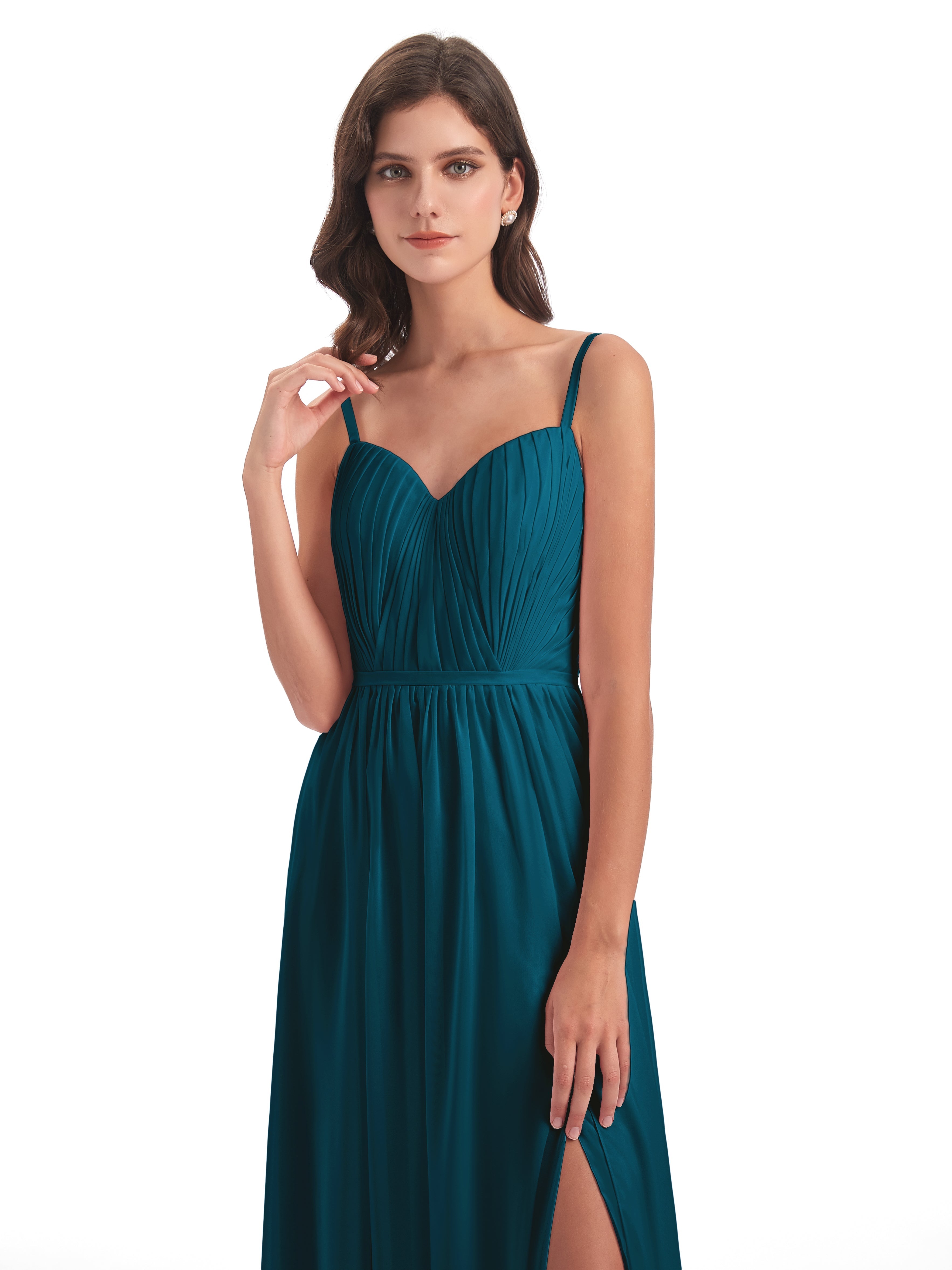 Robes De Demoiselle D'Honneur Bleu Encre Bretelles Spaghetti Fendue Devant Robes Demoiselle D'Honneur