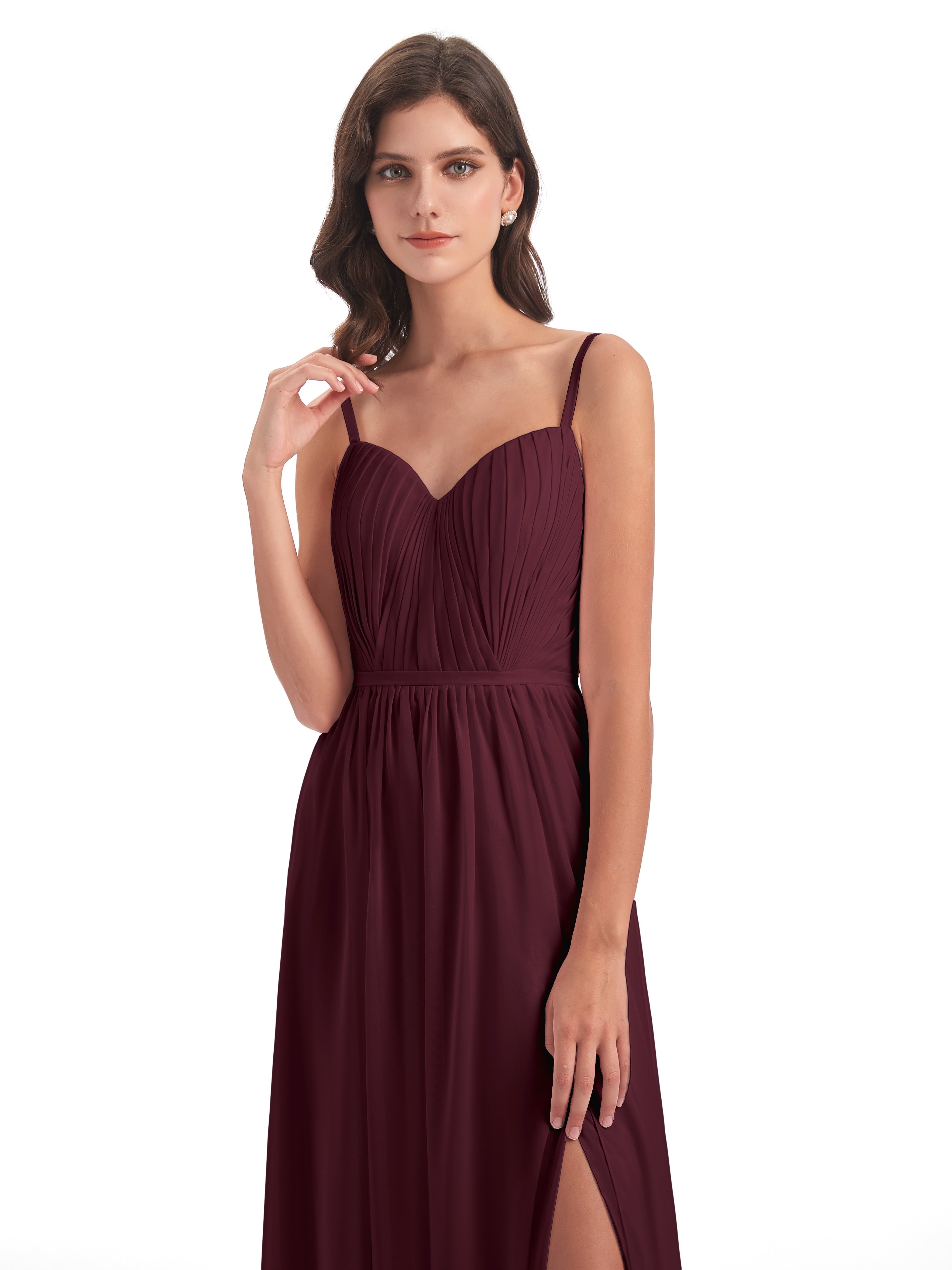 Robes De Demoiselle D'Honneur Cabernet Bretelles Spaghetti Fendue Devant Robes Demoiselle D'Honneur