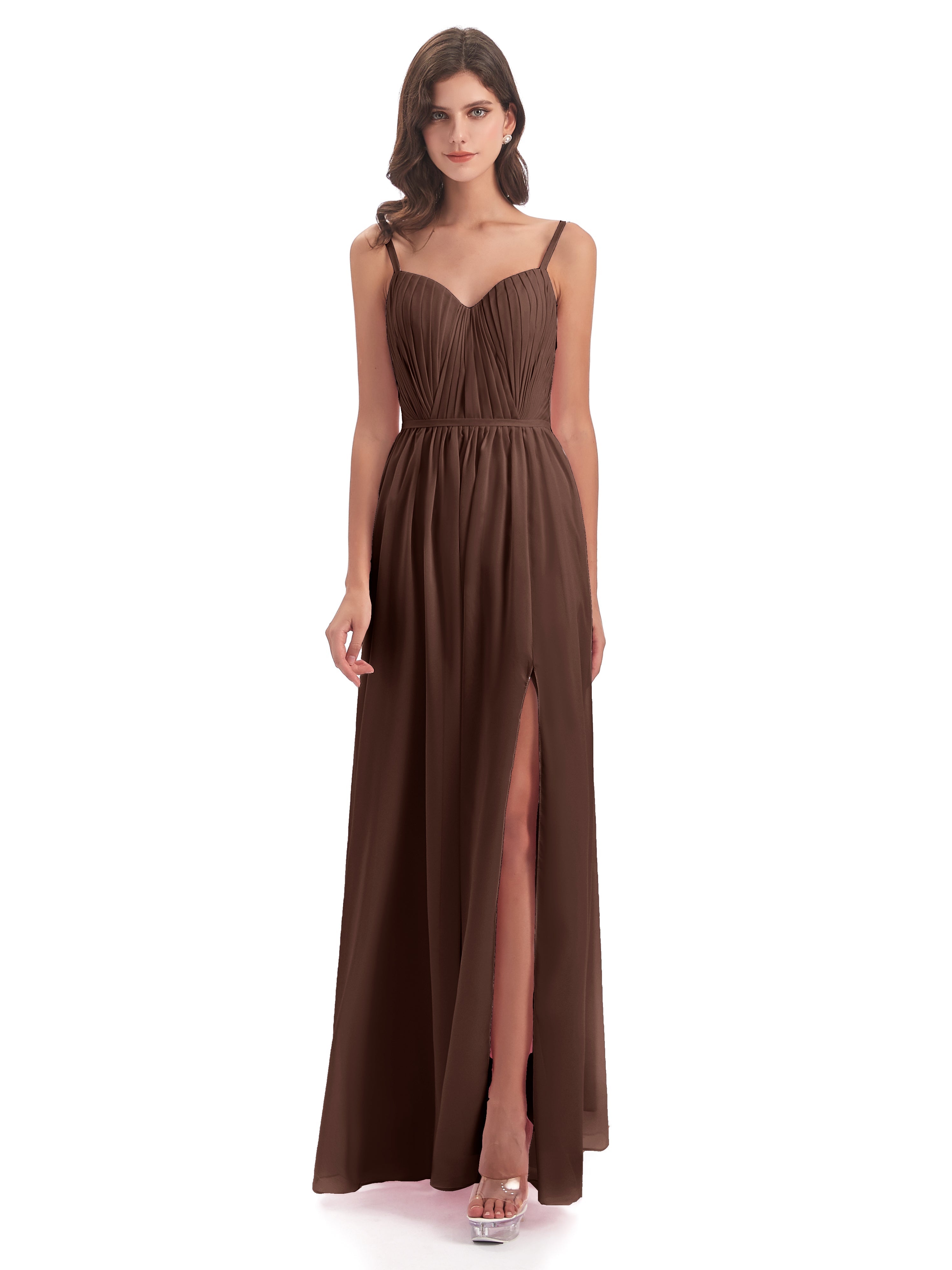 Robe Chocolat Demoiselle D Honneur Bretelles Spaghetti Fendue Devant Robes Demoiselle D'Honneur