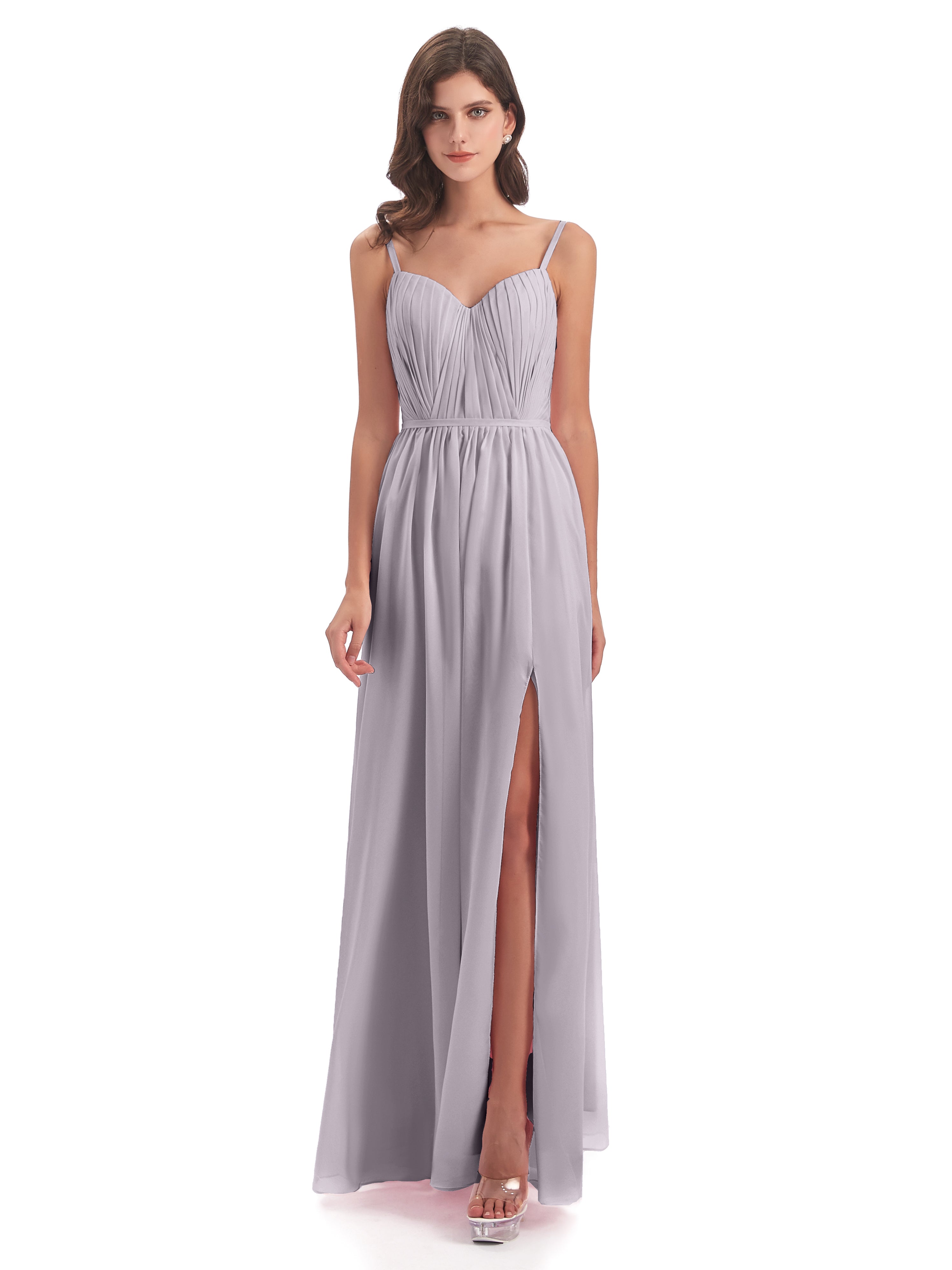 Robes De Demoiselle D'Honneur Couleur Crépuscule Bretelles Spaghetti Fendue Devant Robes Demoiselle D'Honneur