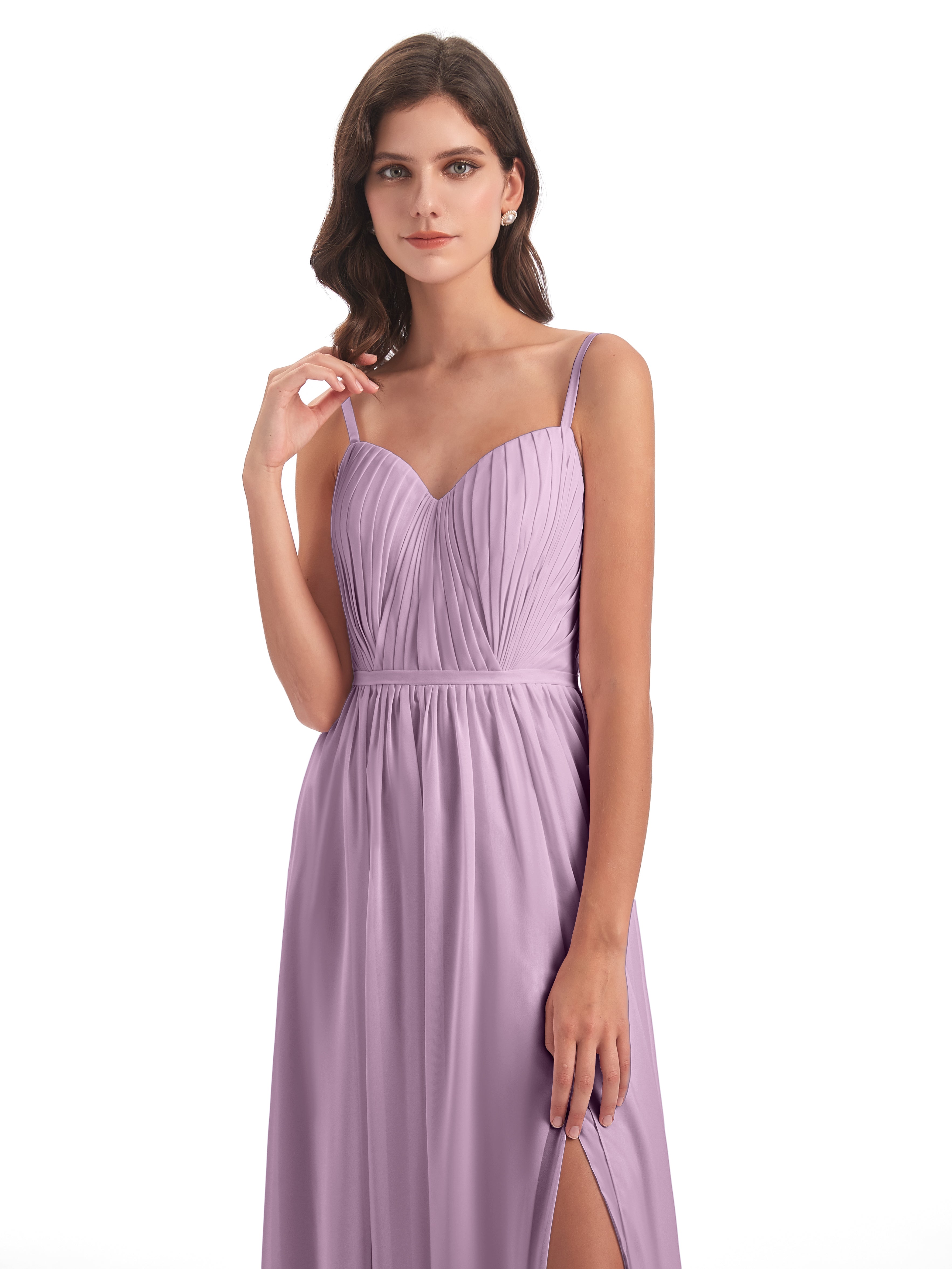Robes De Demoiselle D'Honneur Glycine Bretelles Spaghetti Fendue Devant Robes Demoiselle D'Honneur