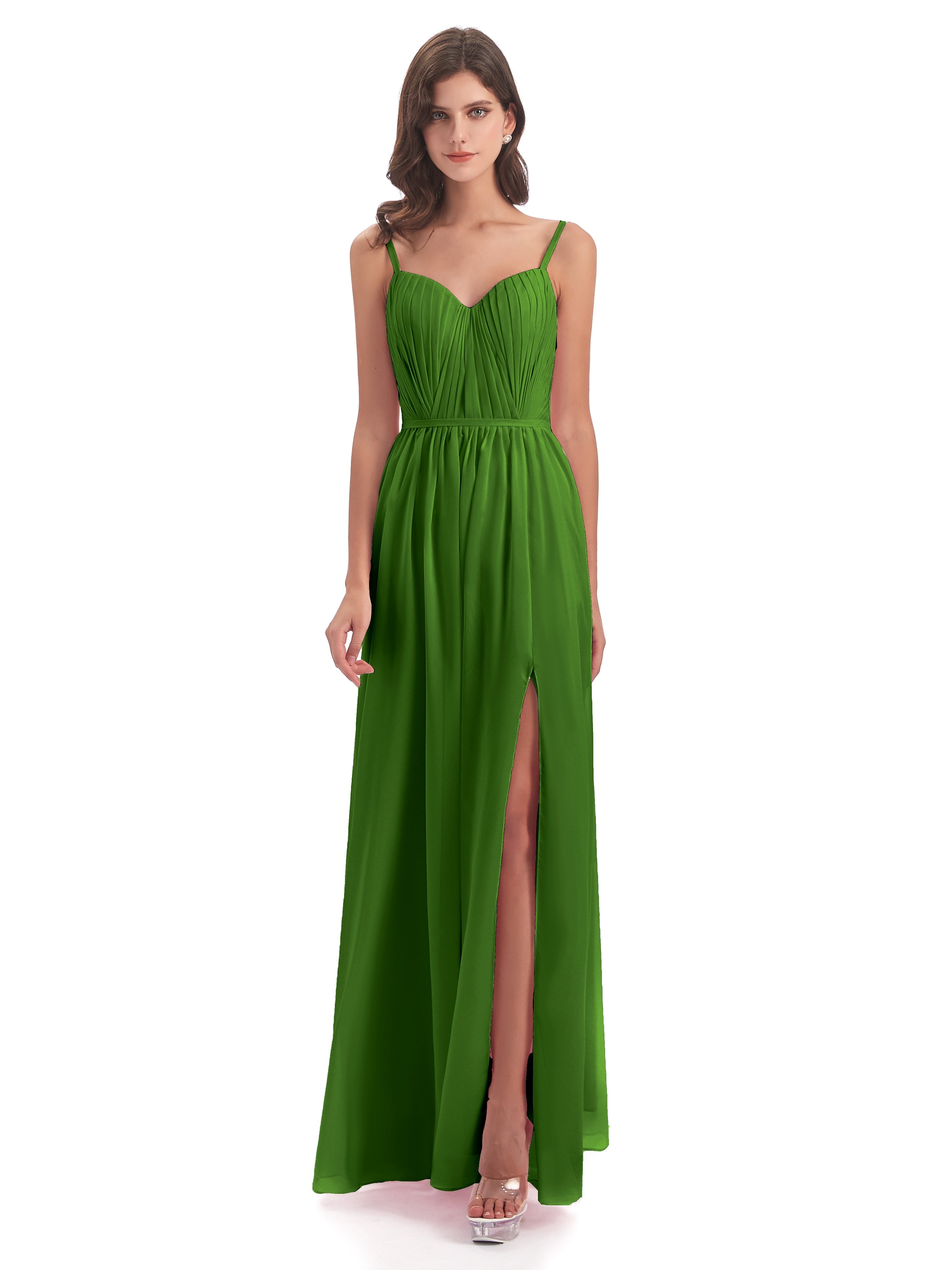 Robes De Demoiselle D'Honneur Vert Mousse Bretelles Spaghetti Fendue Devant Robes Demoiselle D'Honneur