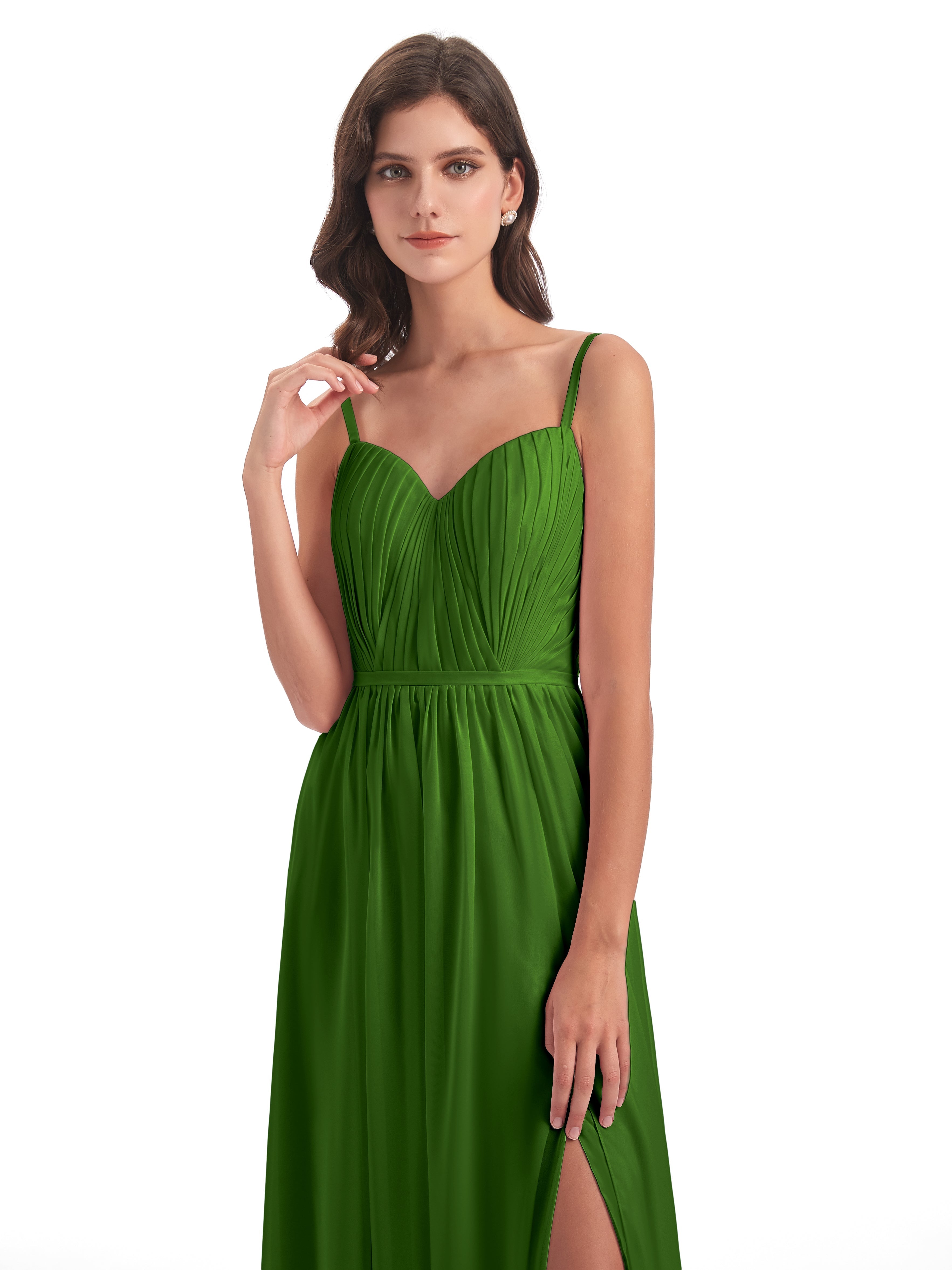 Robes De Demoiselle D'Honneur Vert Mousse Bretelles Spaghetti Fendue Devant Robes Demoiselle D'Honneur