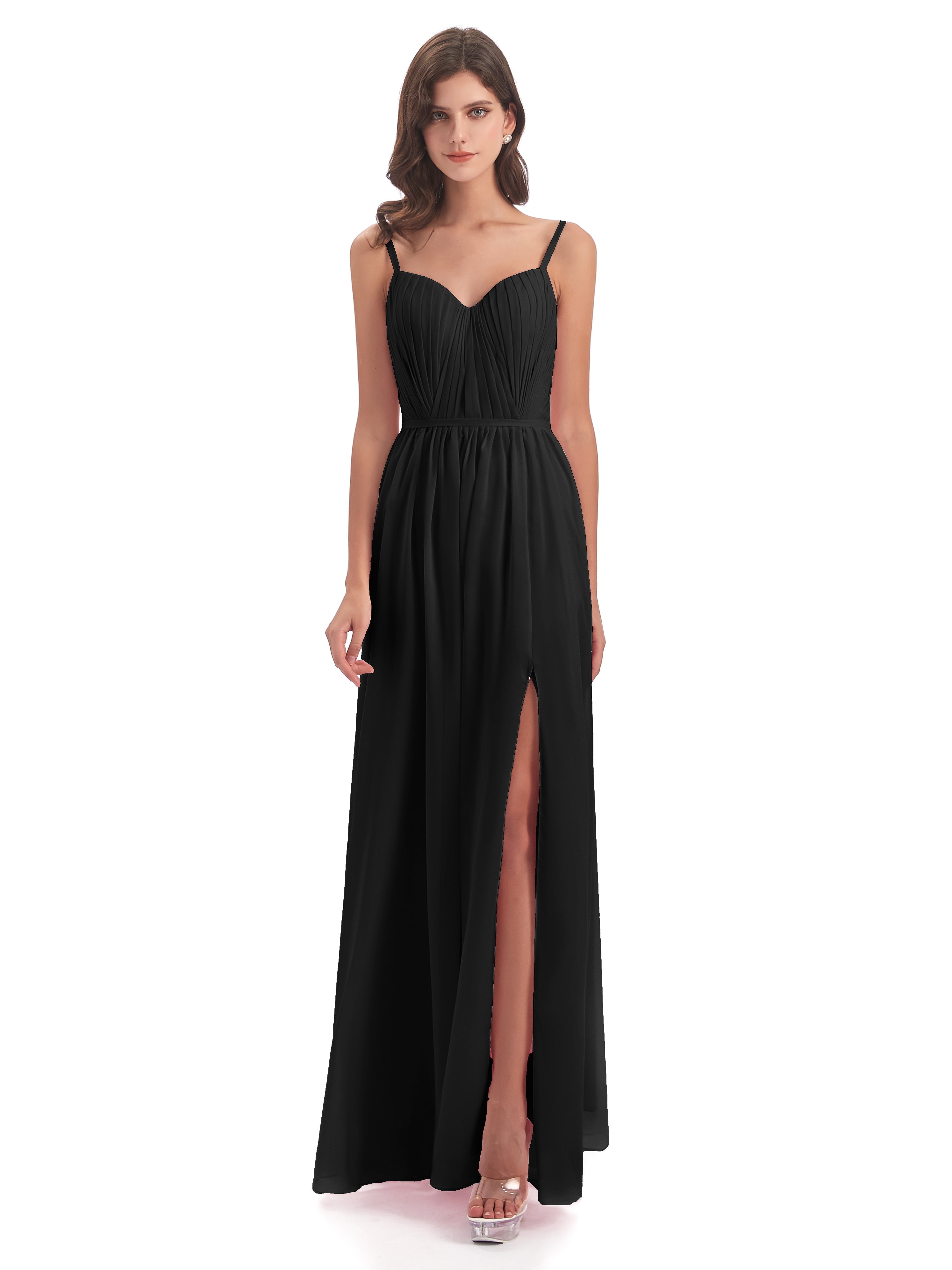 Robe Demoiselle D Honneur Noire Bretelles Spaghetti Fendue Devant Robes Demoiselle D'Honneur