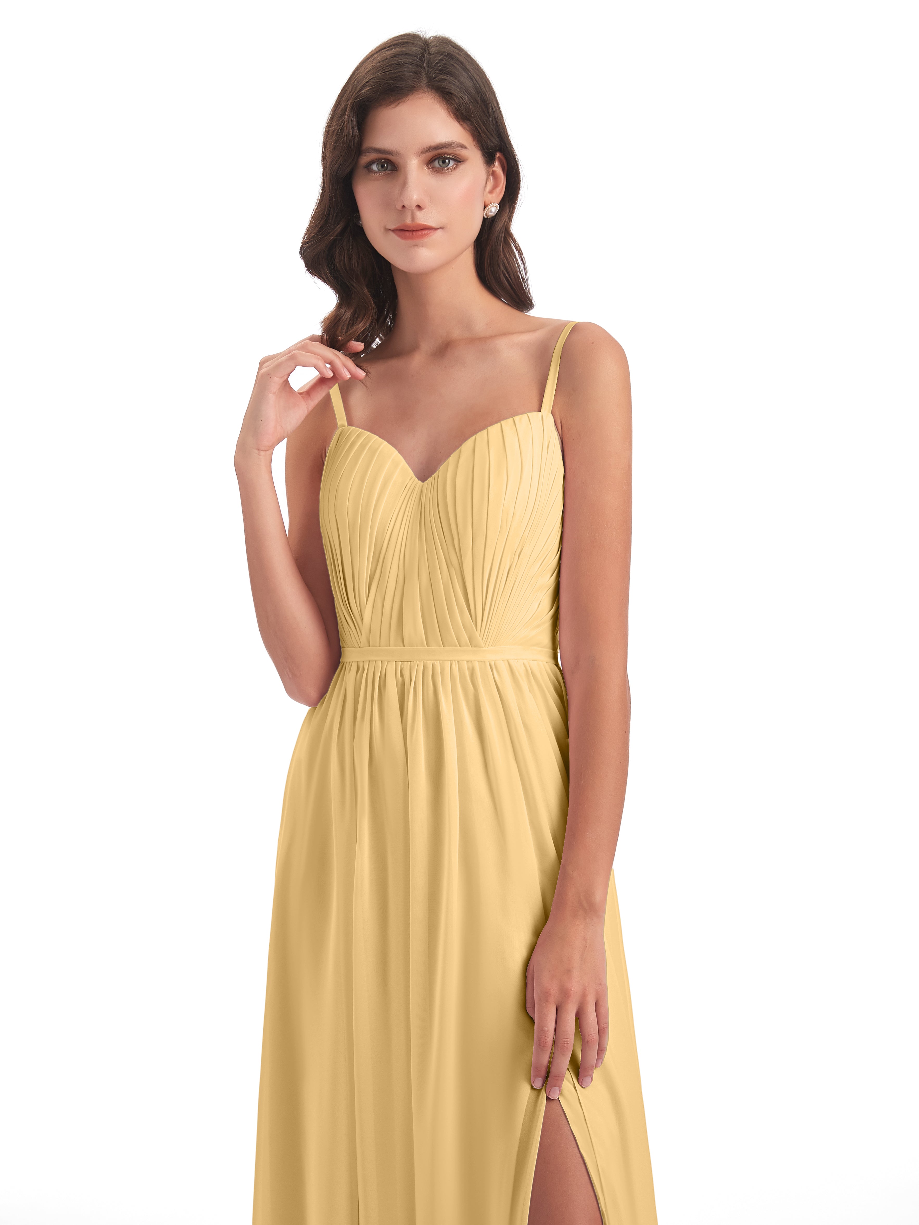 Robe De Demoiselle D'Honneur En Or Bretelles Spaghetti Fendue Devant Robes Demoiselle D'Honneur