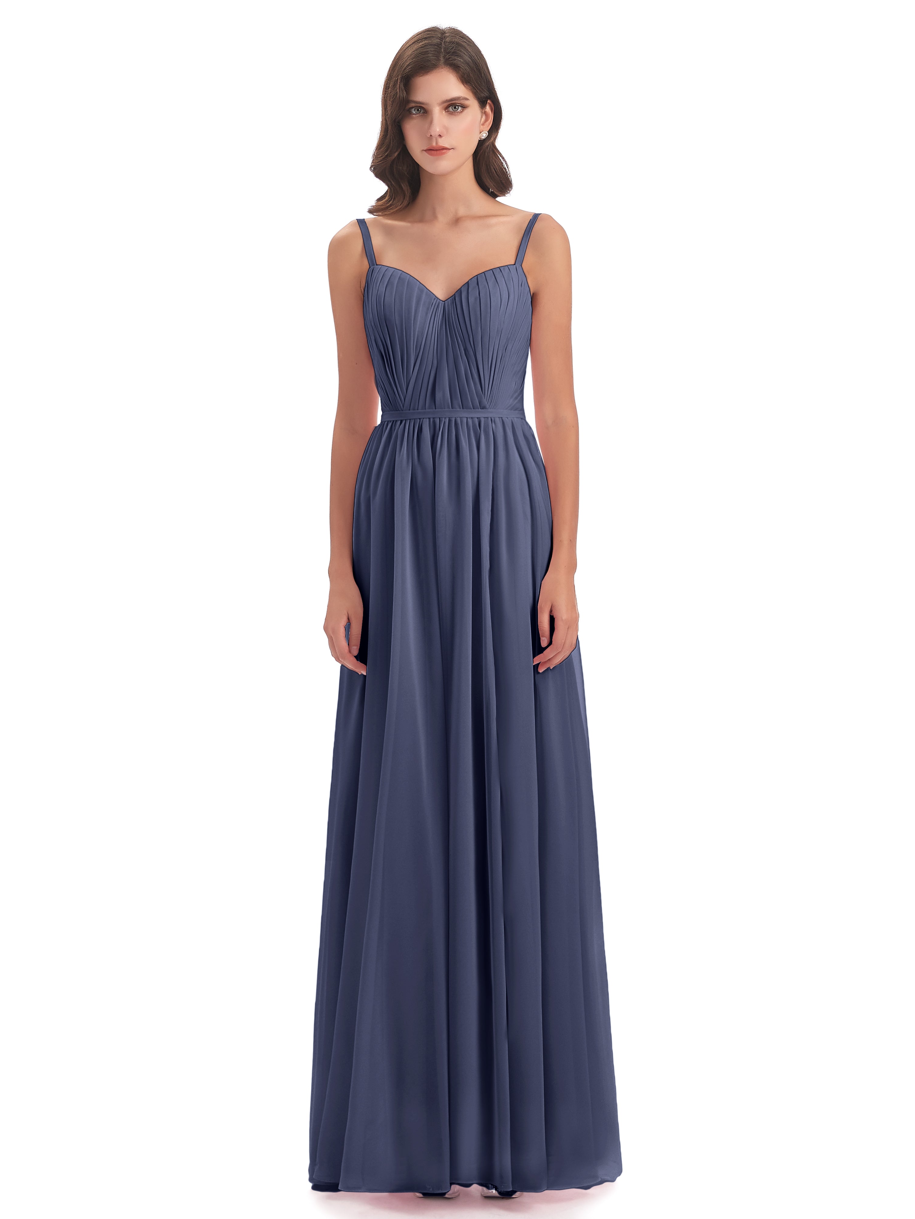 Robes De Demoiselle D'Honneur Bleu Orageux Bretelles Spaghetti Fendue Devant Robes Demoiselle D'Honneur