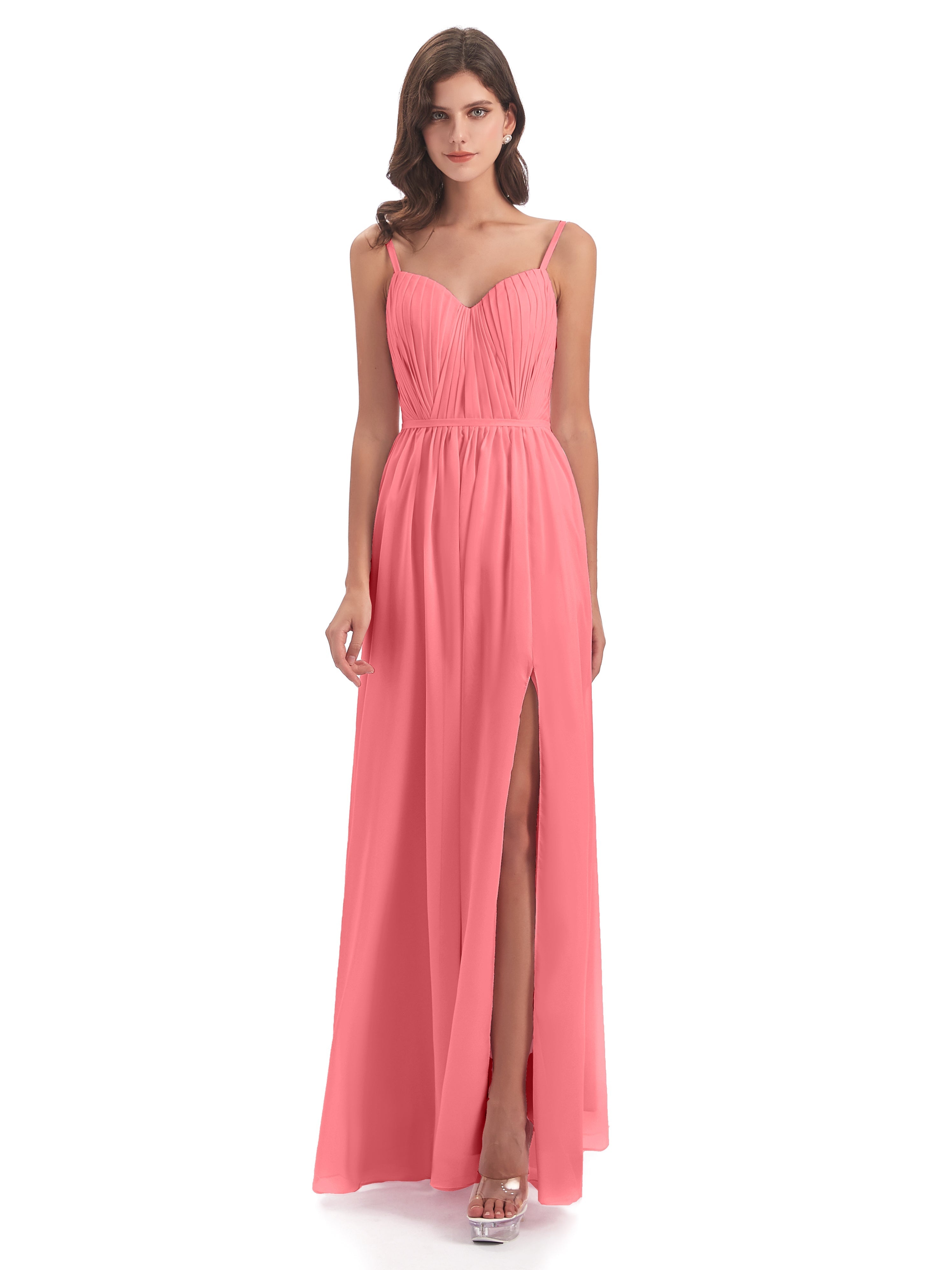 Robes De Demoiselle D'Honneur Pastèque Bretelles Spaghetti Fendue Devant Robes Demoiselle D'Honneur