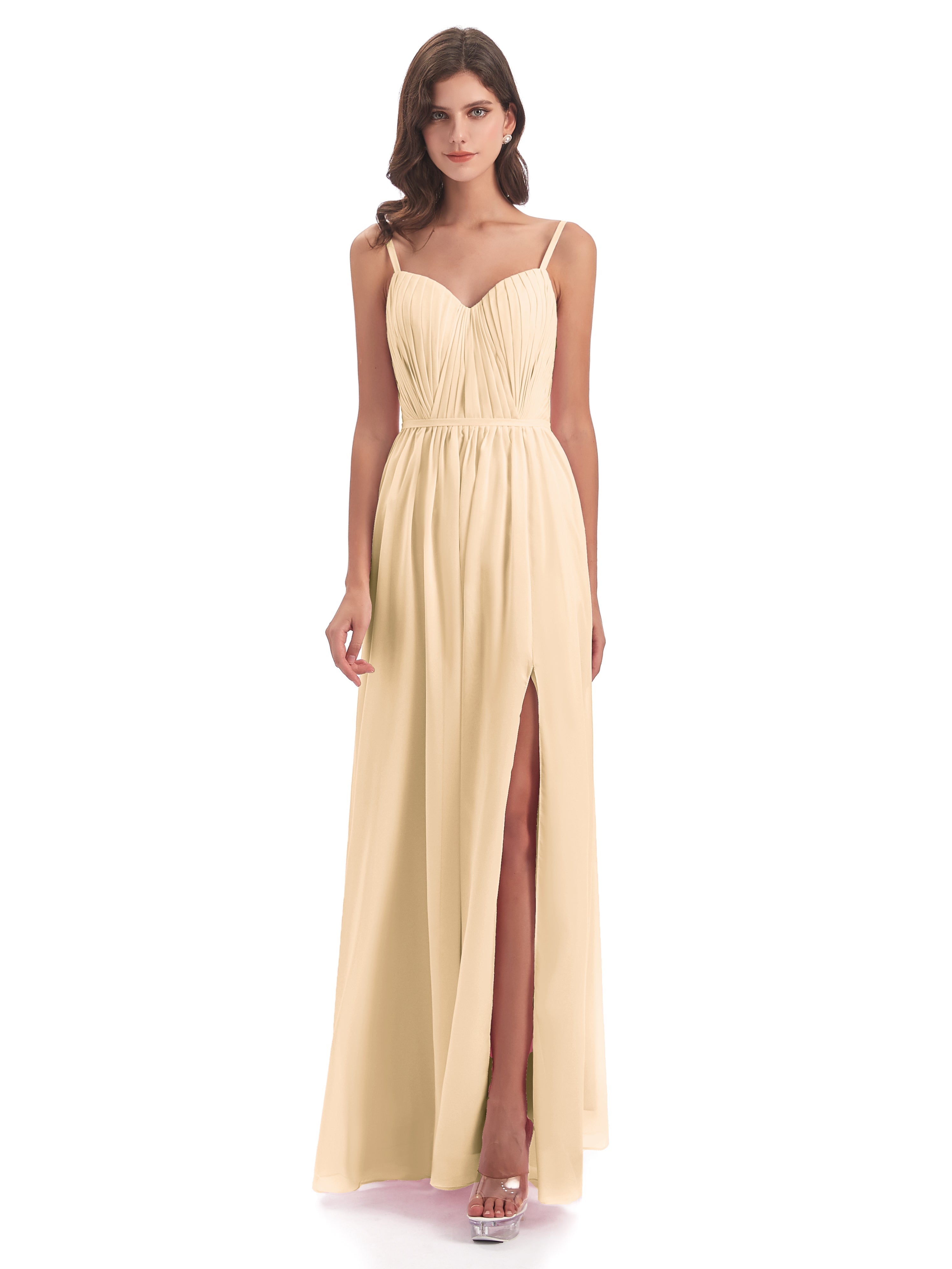 Robe Pêche Demoiselle D Honneur Bretelles Spaghetti Fendue Devant Robes Demoiselle D'Honneur