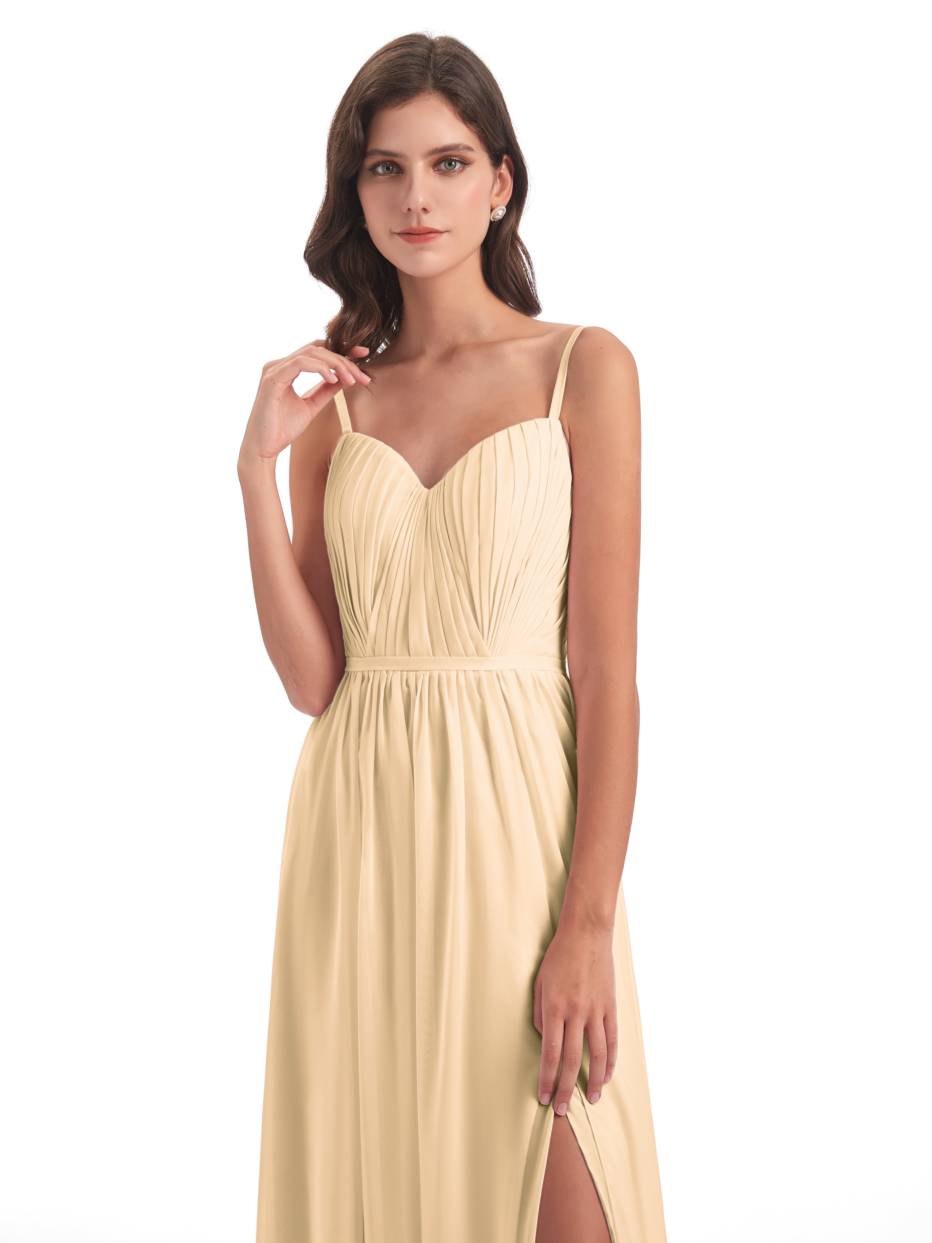 Robe Pêche Demoiselle D Honneur Bretelles Spaghetti Fendue Devant Robes Demoiselle D'Honneur
