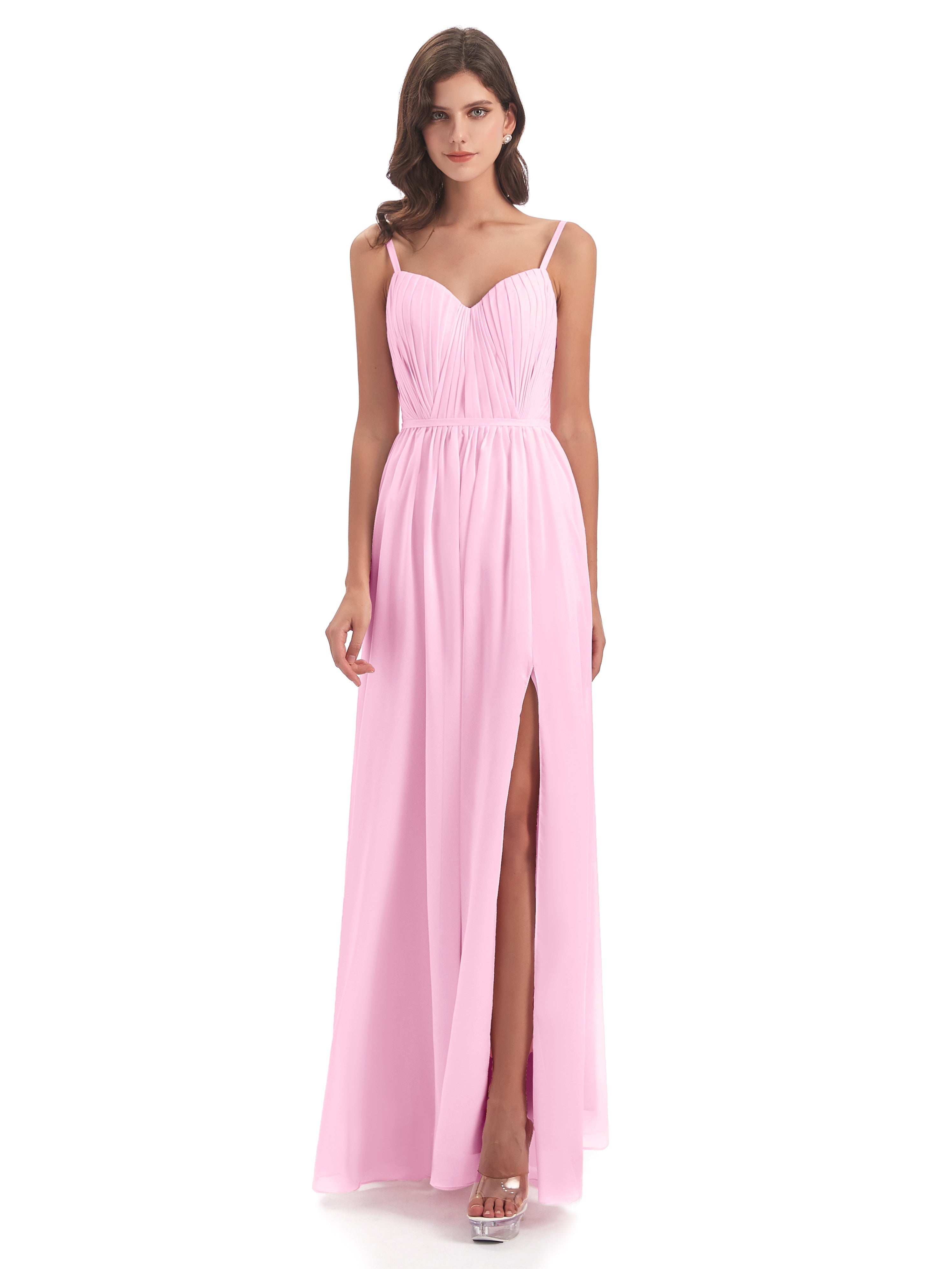 Robe Demoiselle D Honneur Rose Bonbon Bretelles Spaghetti Fendue Devant Robes Demoiselle D'Honneur