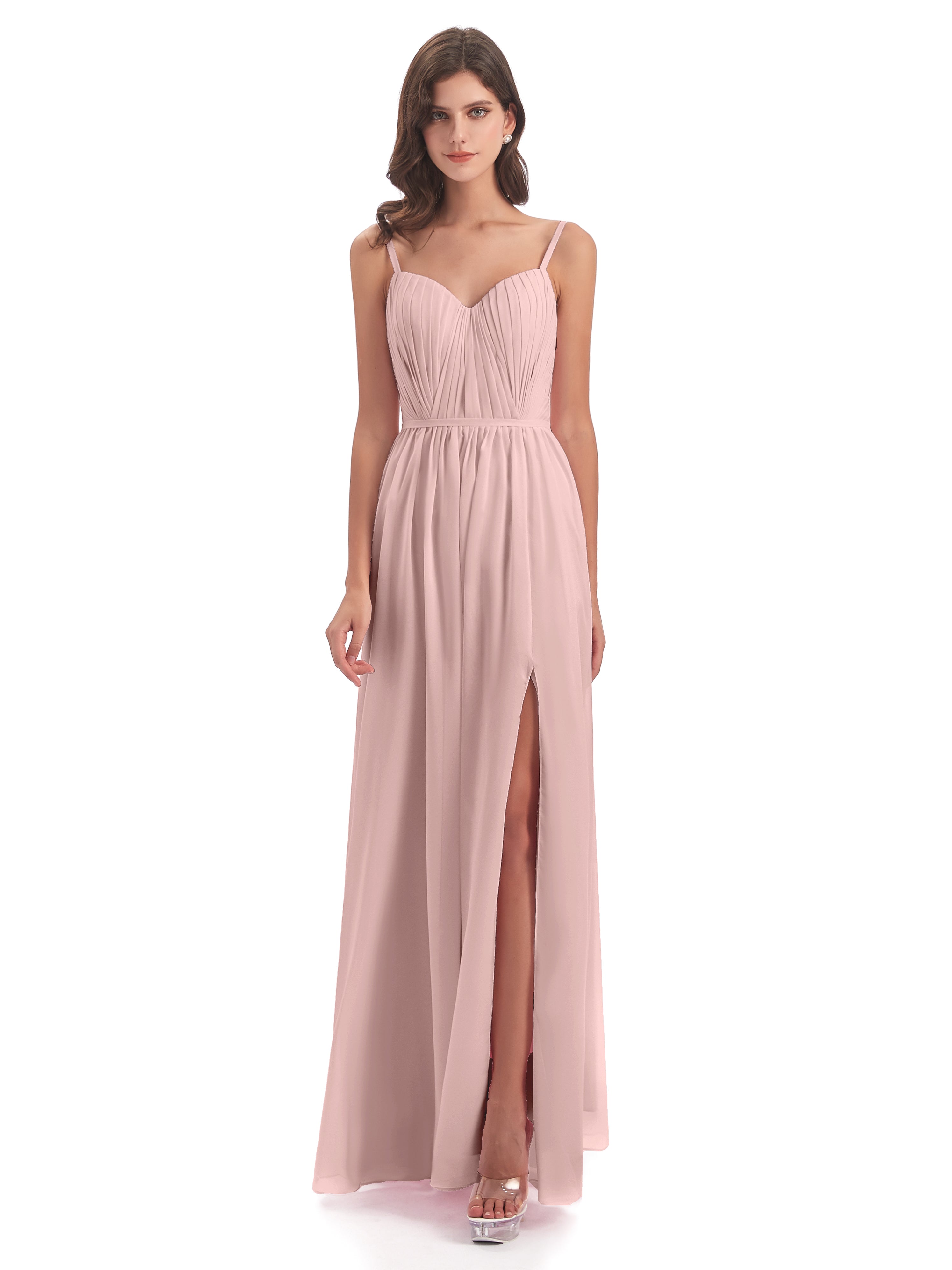 Robe Demoiselle D Honneur Rose Poudrée Longue Bretelles Spaghetti Fendue Devant Robes Demoiselle D'Honneur