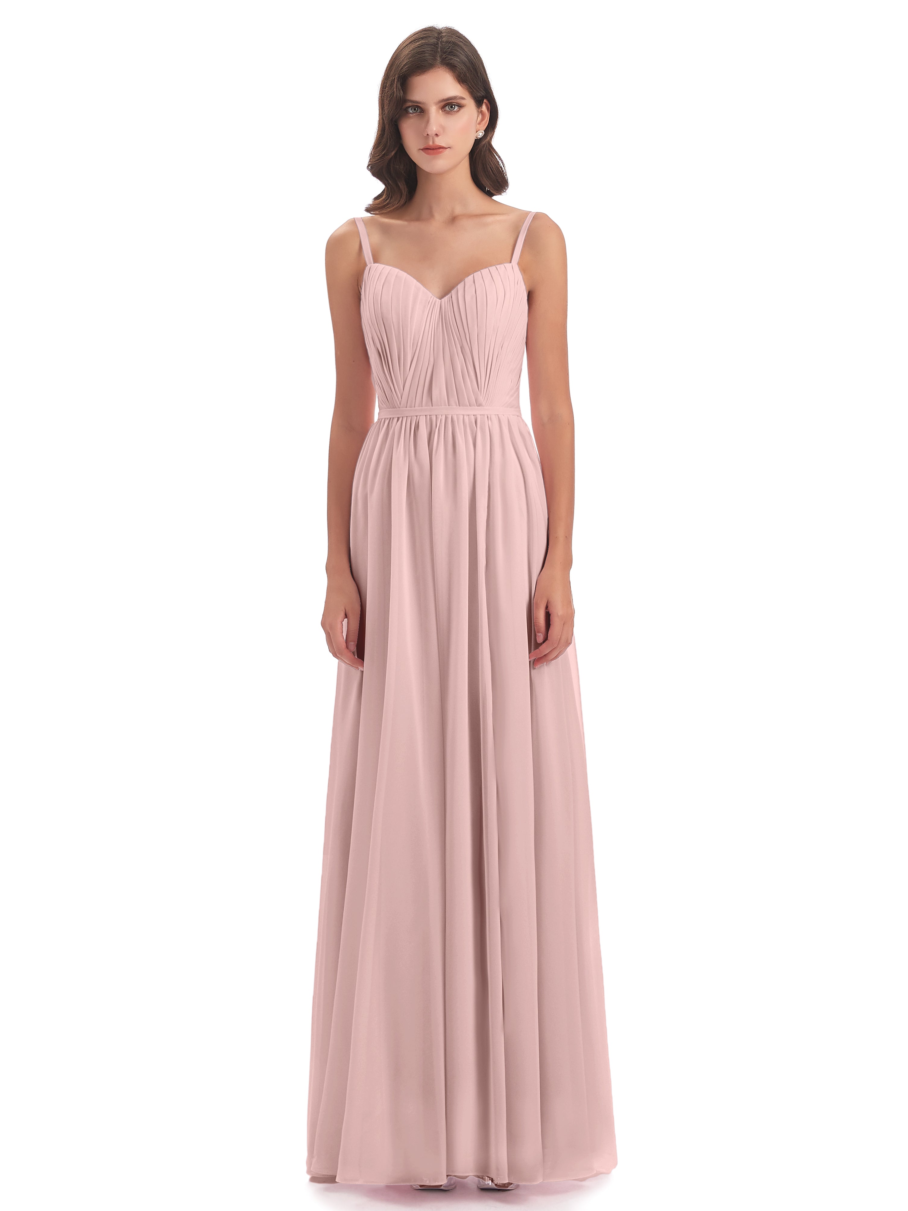 Robe Demoiselle D Honneur Rose Poudrée Longue Bretelles Spaghetti Fendue Devant Robes Demoiselle D'Honneur