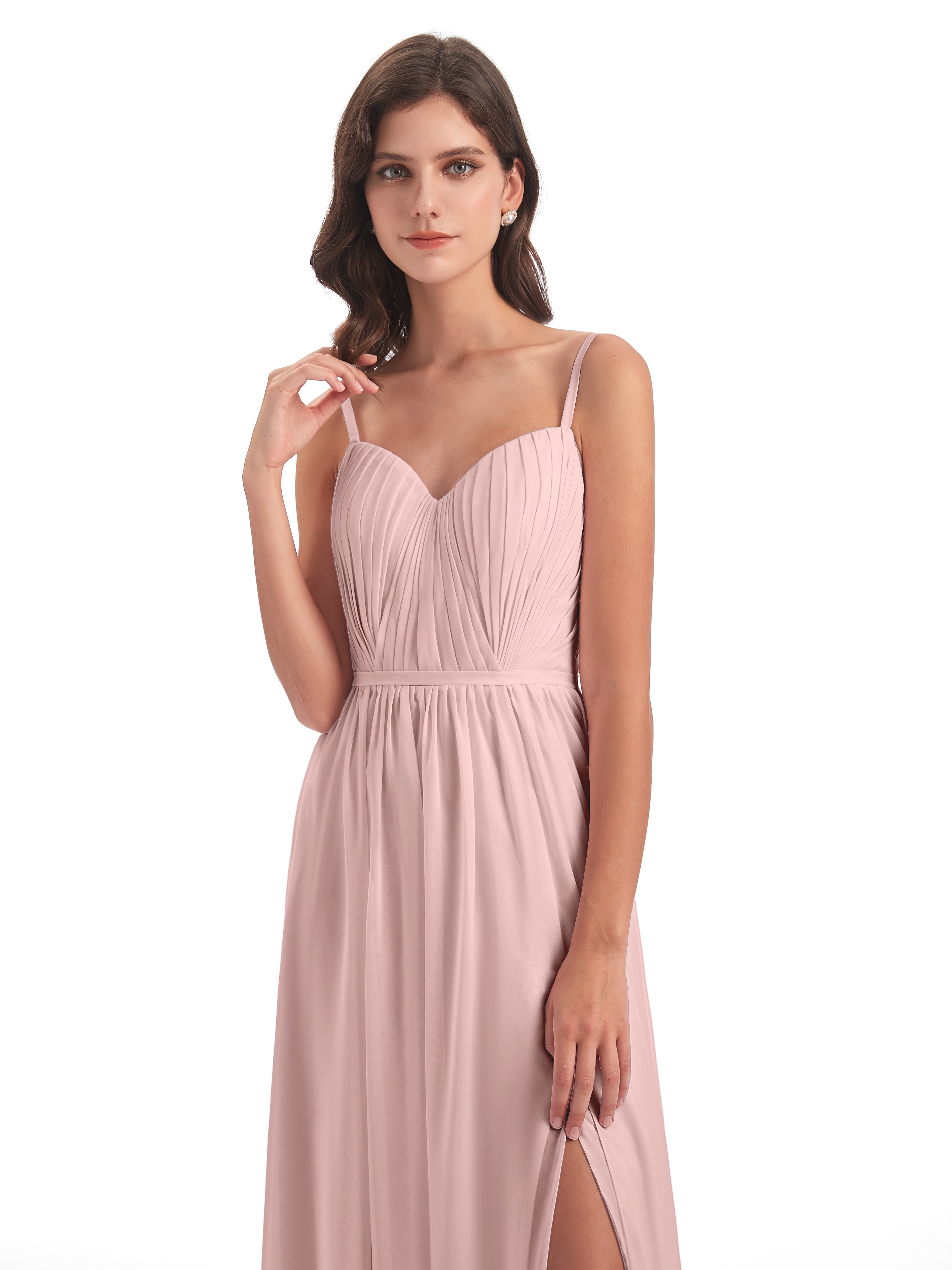 Robe Demoiselle D Honneur Rose Poudrée Longue Bretelles Spaghetti Fendue Devant Robes Demoiselle D'Honneur