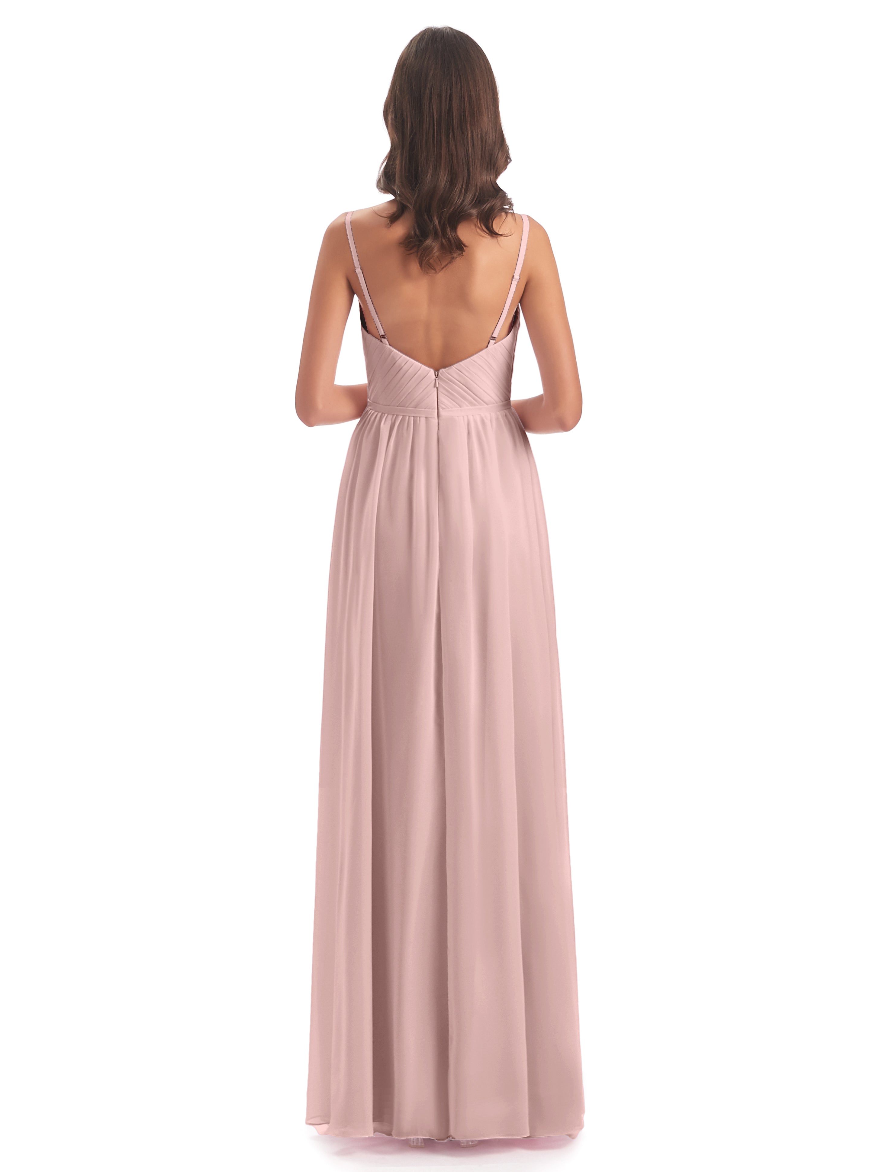 Robe Demoiselle D Honneur Rose Poudrée Longue Bretelles Spaghetti Fendue Devant Robes Demoiselle D'Honneur