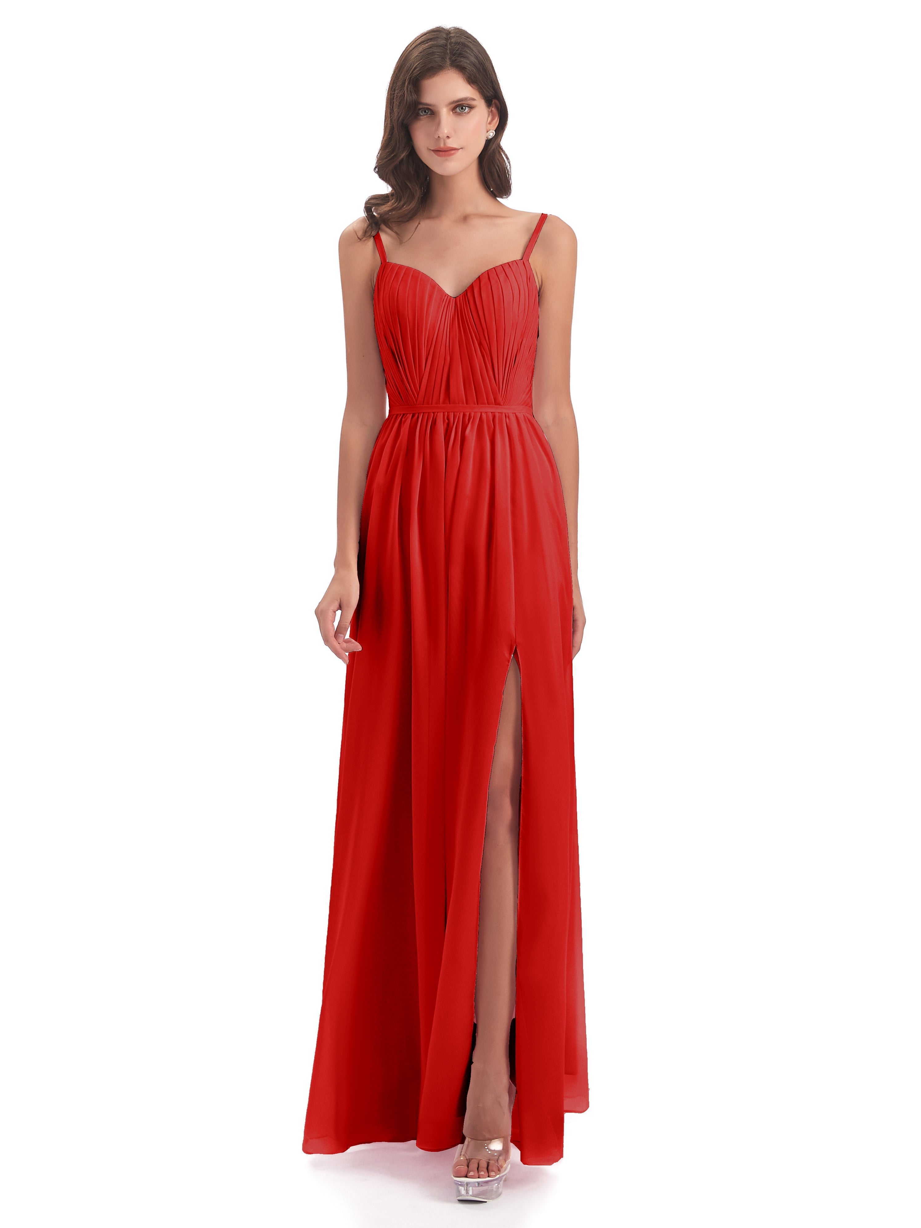 Robe De Demoiselle D Honneur Rouge Bretelles Spaghetti Fendue Devant Robes Demoiselle D'Honneur