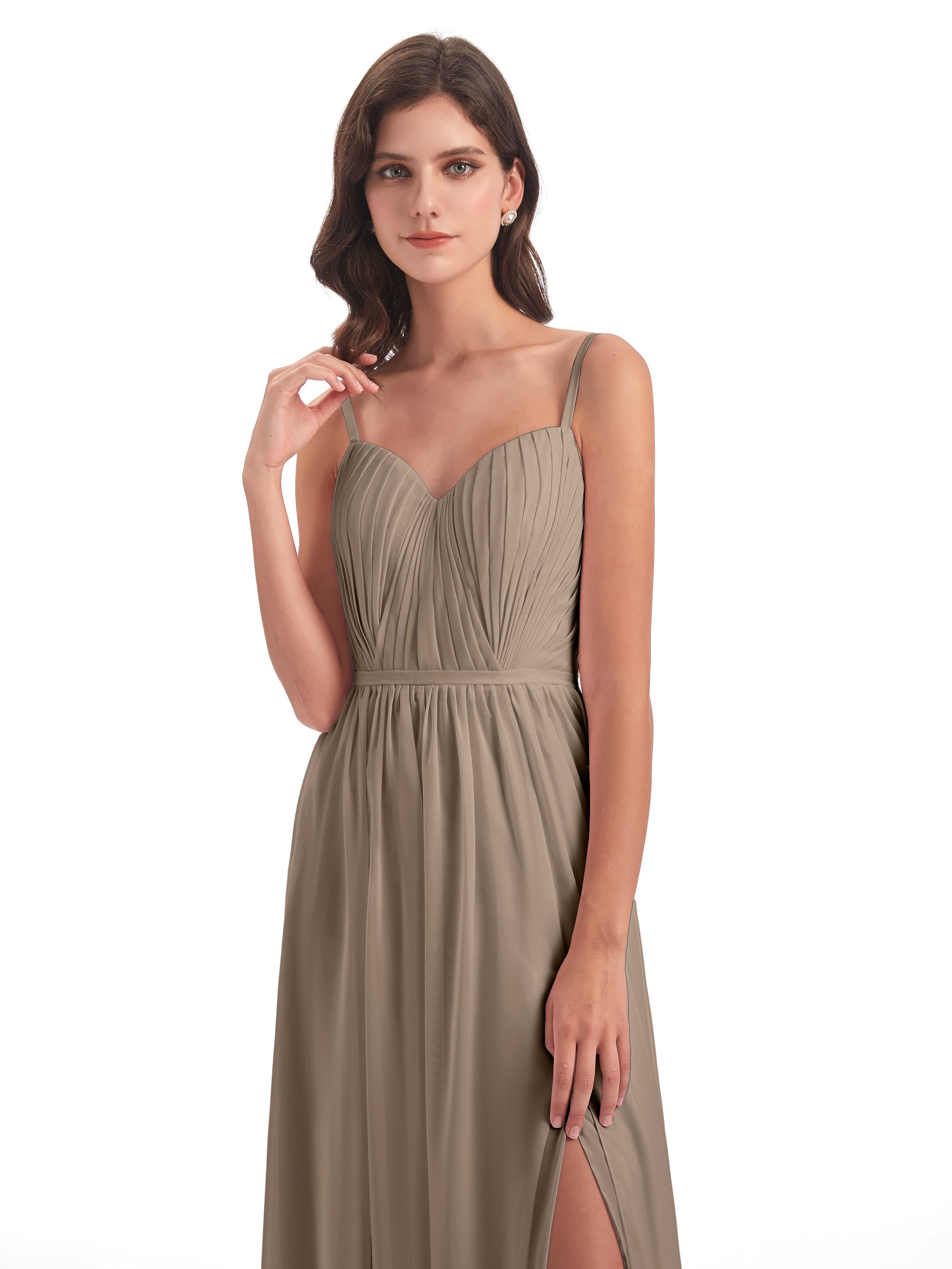 Couleur Taupe Robe Bretelles Spaghetti Fendue Devant Robes Demoiselle D'Honneur