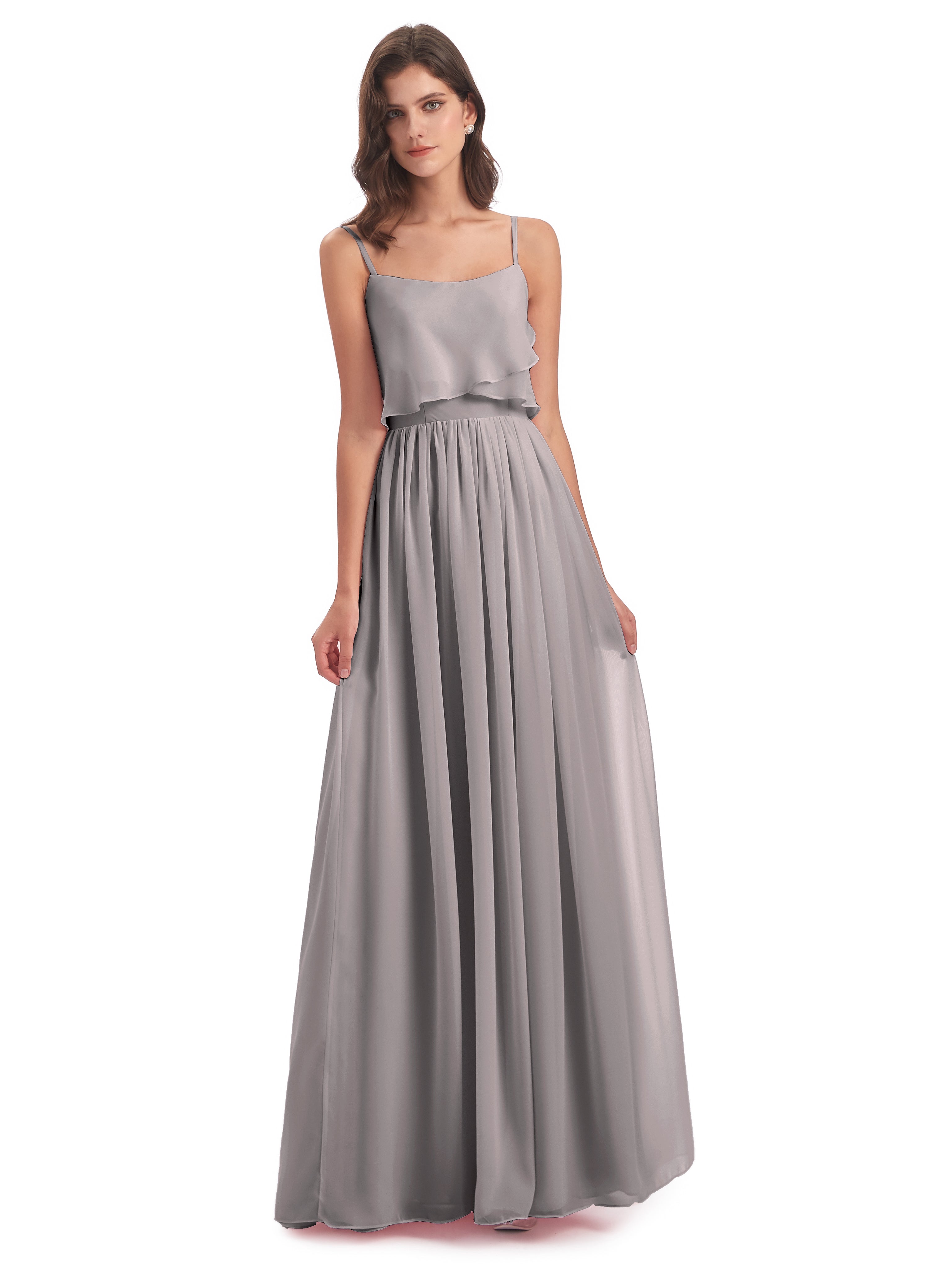 Robe Demoiselle D Honneur Argenté Bretelles Spaghetti Mousseline Longue Robes Demoiselle D'Honneur
