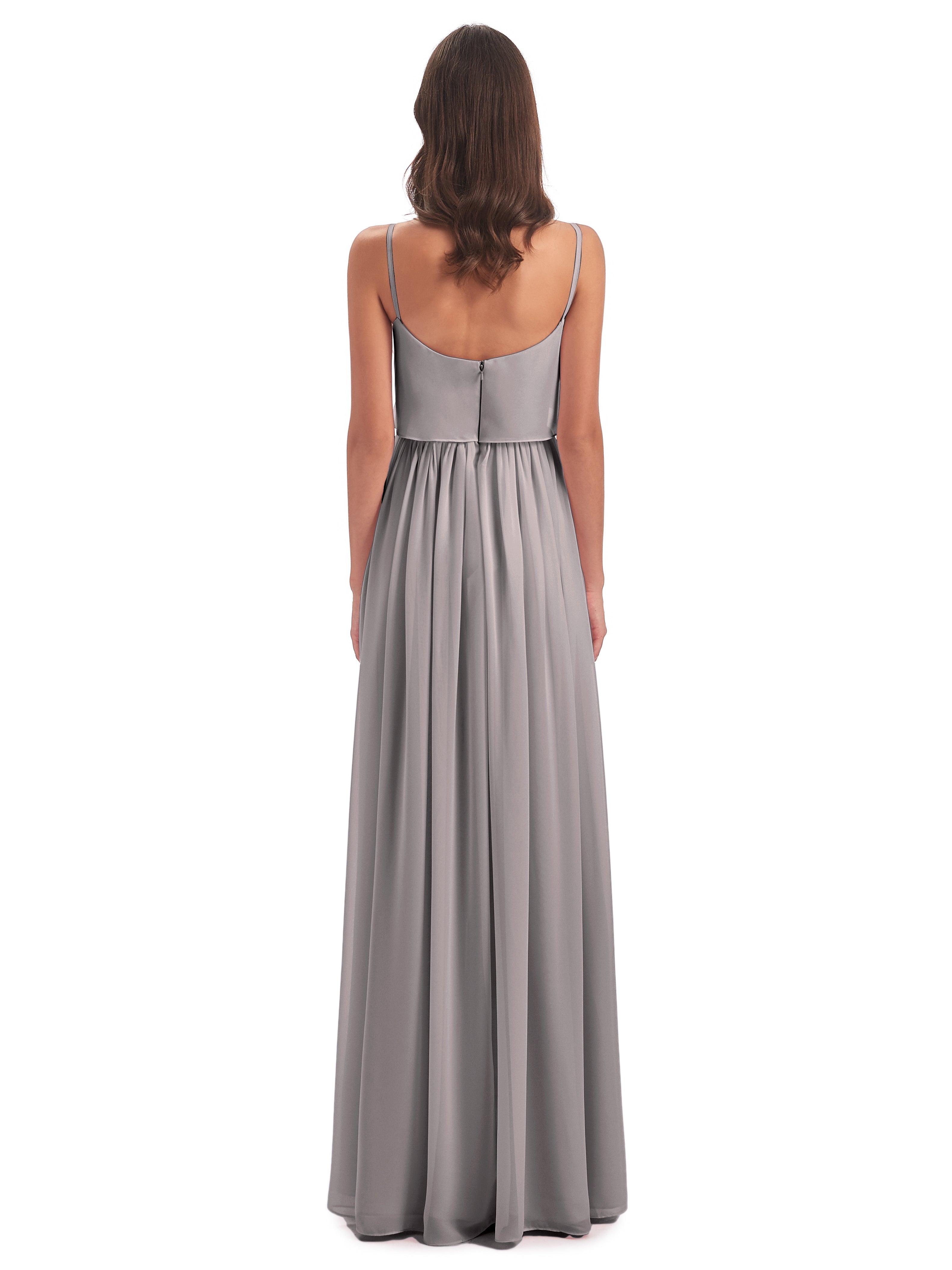 Robe Demoiselle D Honneur Argenté Bretelles Spaghetti Mousseline Longue Robes Demoiselle D'Honneur