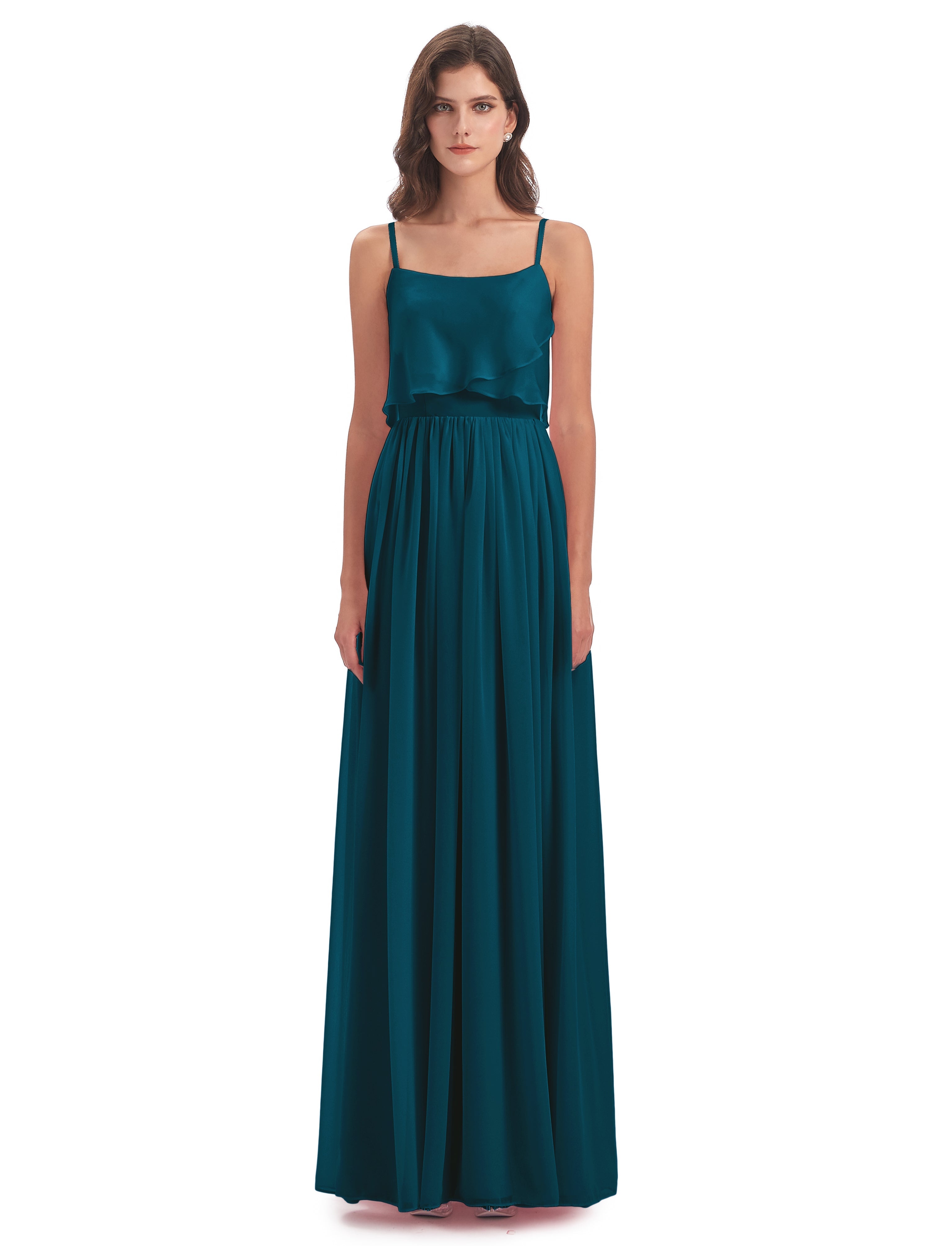 Robes De Demoiselle D'Honneur Bleu Encre Bretelles Spaghetti Mousseline Longue Robes Demoiselle D'Honneur