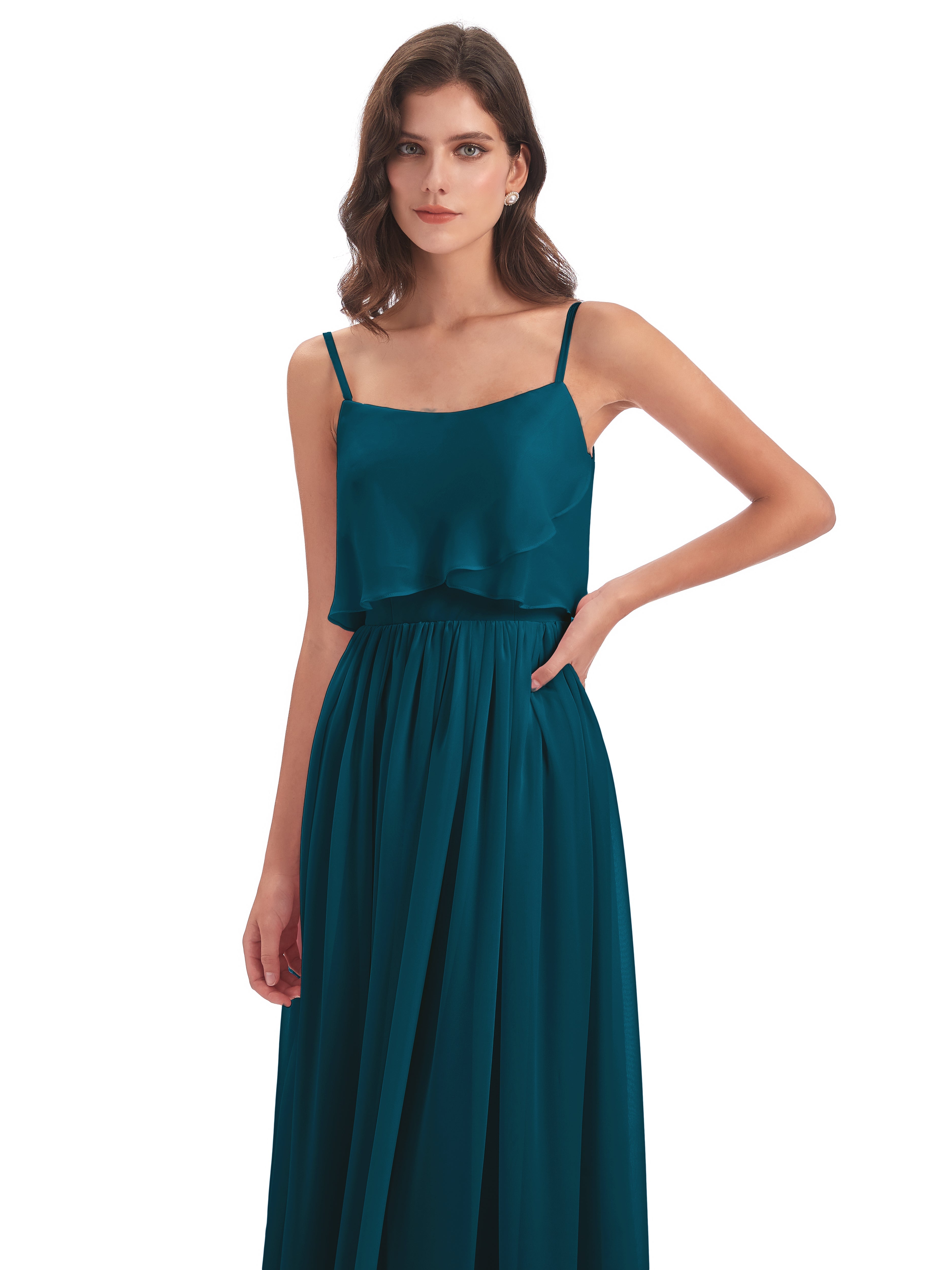 Robes De Demoiselle D'Honneur Bleu Encre Bretelles Spaghetti Mousseline Longue Robes Demoiselle D'Honneur