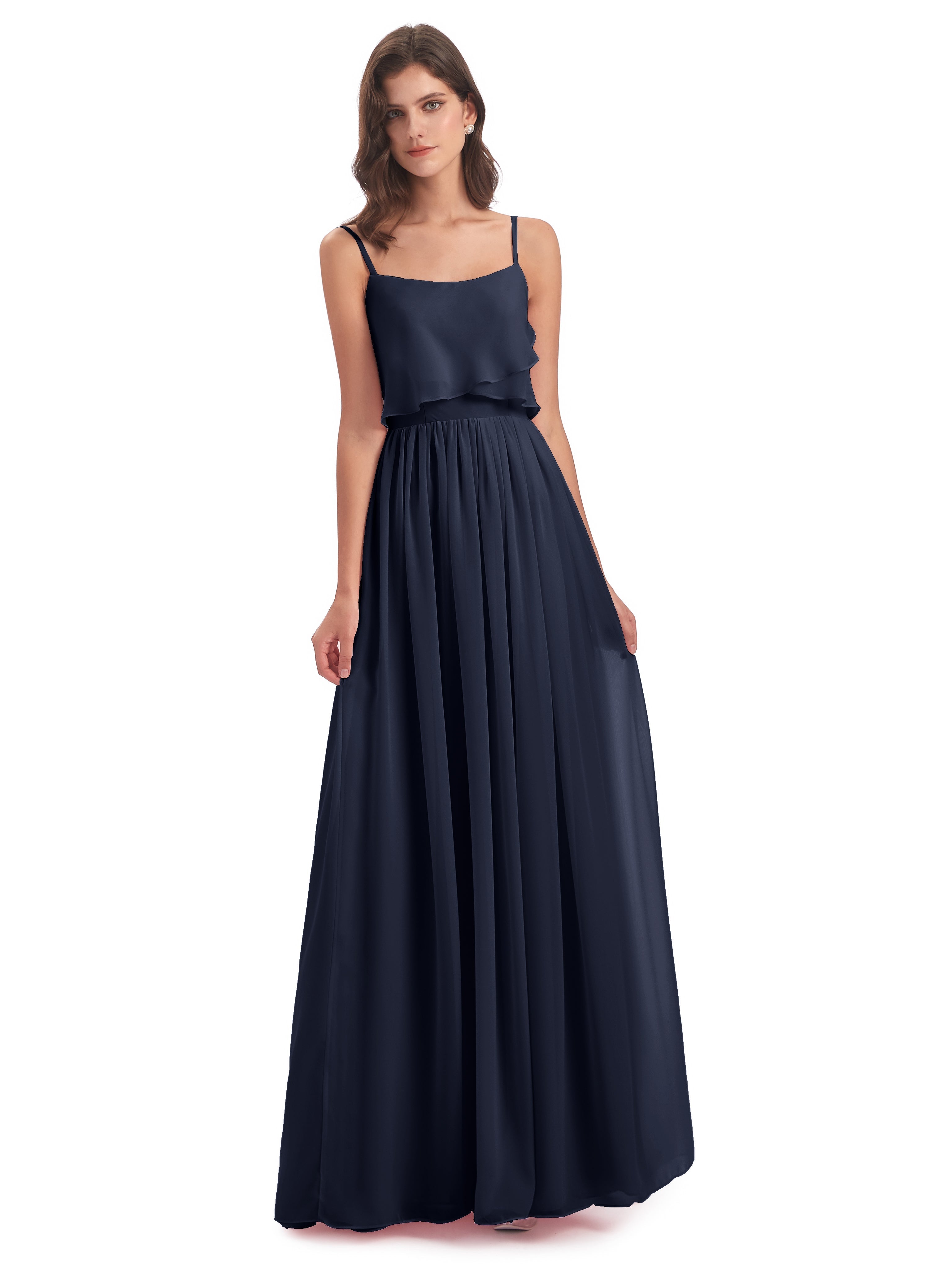 Longues Robes De Demoiselle D'Honneur Bleu Marine Bretelles Spaghetti Mousseline Longue Robes Demoiselle D'Honneur