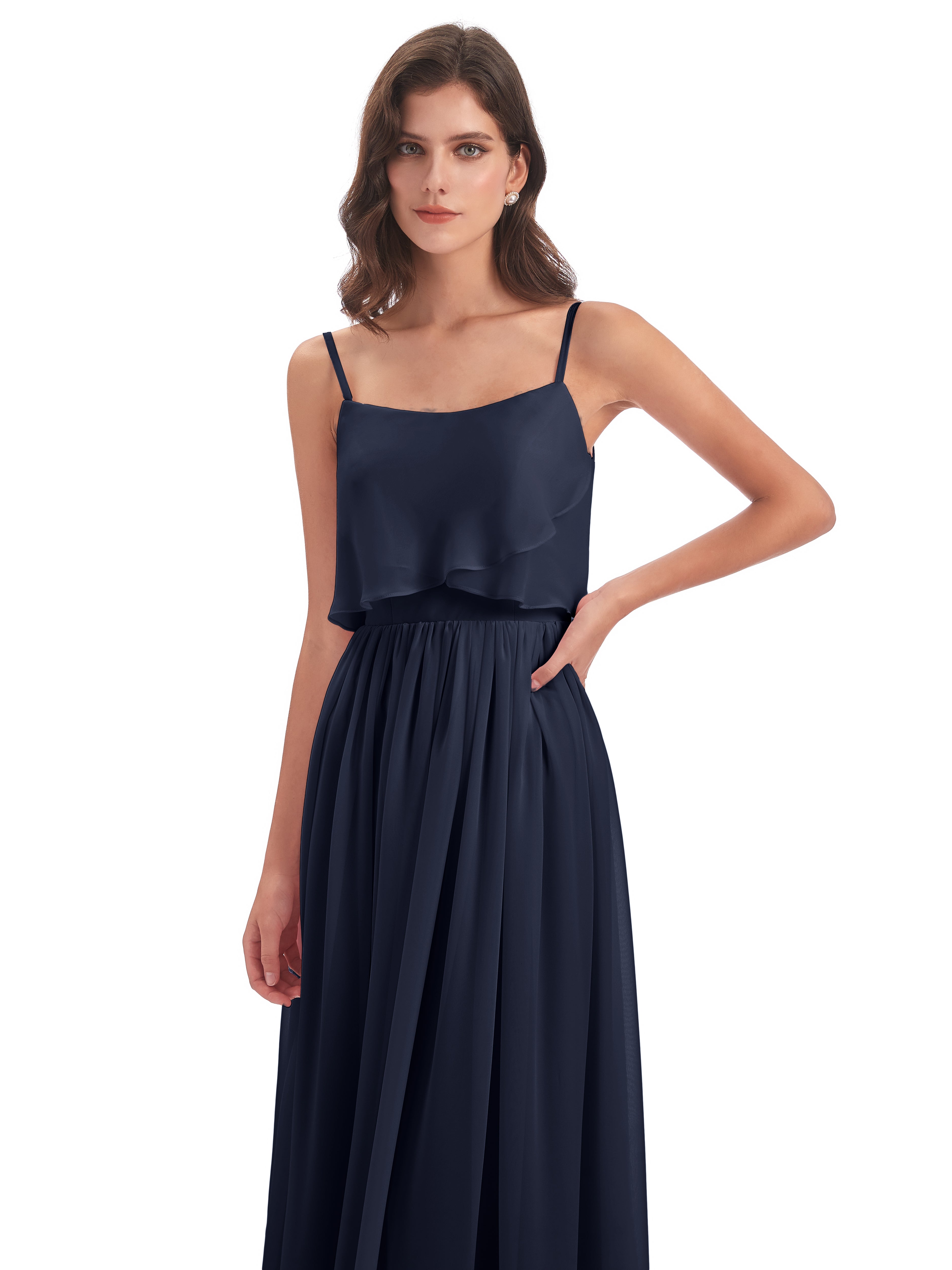 Longues Robes De Demoiselle D'Honneur Bleu Marine Bretelles Spaghetti Mousseline Longue Robes Demoiselle D'Honneur