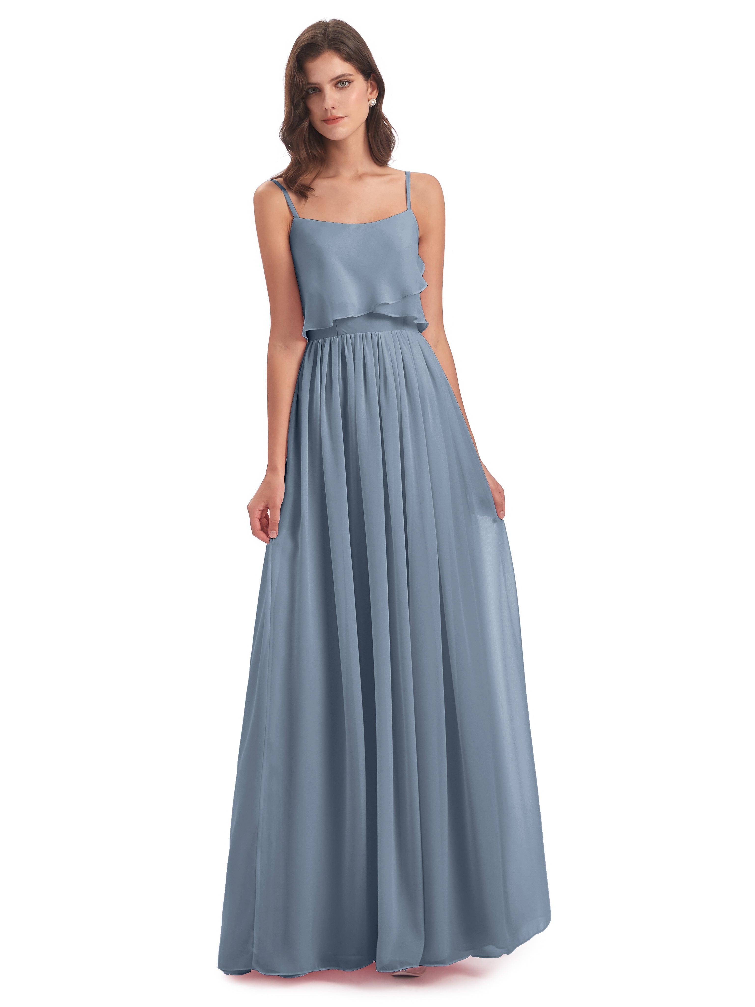Robes De Demoiselle D'Honneur Bleu Poussiéreux Bretelles Spaghetti Mousseline Longue Robes Demoiselle D'Honneur