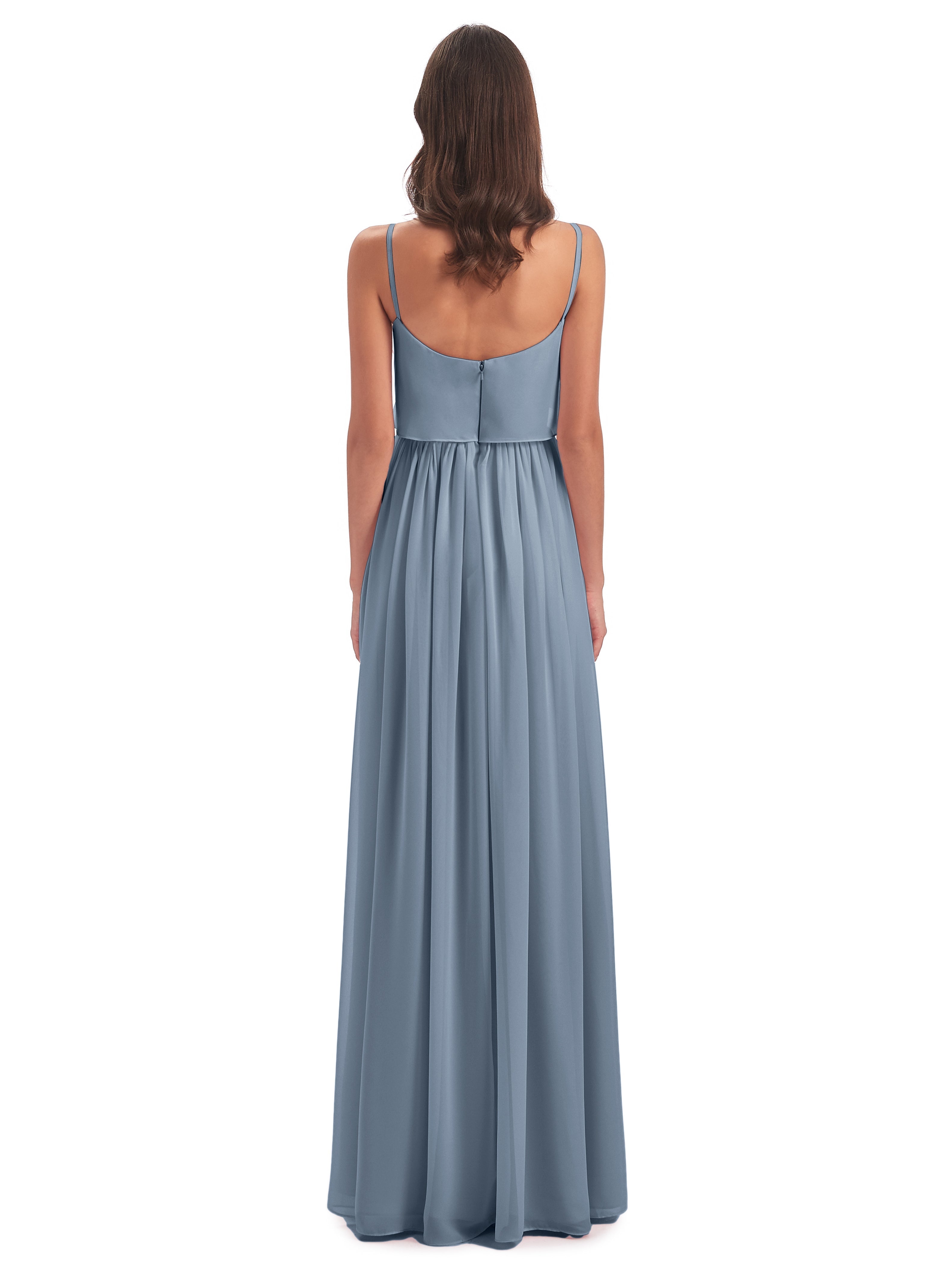 Robes De Demoiselle D'Honneur Bleu Poussiéreux Bretelles Spaghetti Mousseline Longue Robes Demoiselle D'Honneur