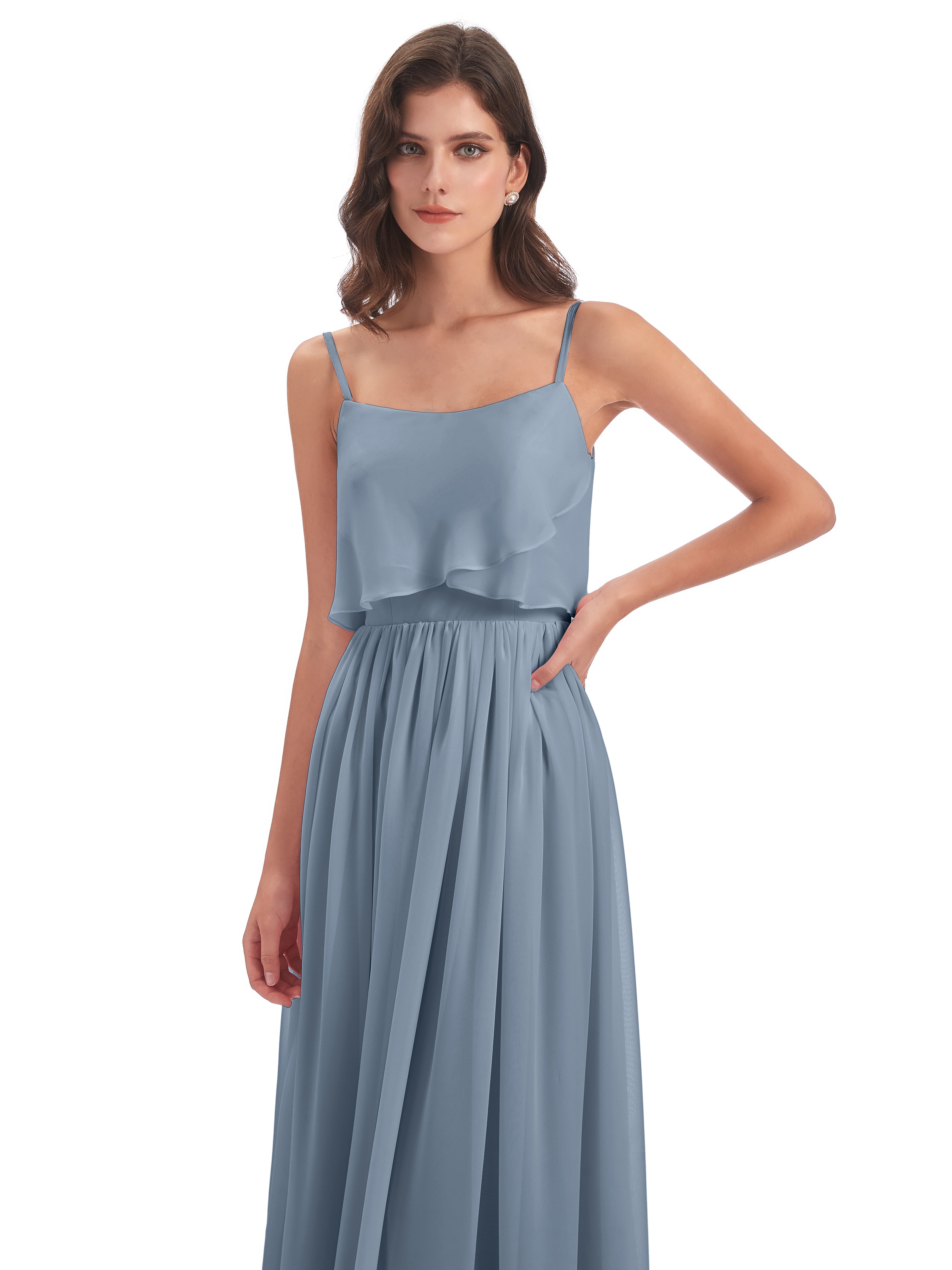 Robes De Demoiselle D'Honneur Bleu Poussiéreux Bretelles Spaghetti Mousseline Longue Robes Demoiselle D'Honneur