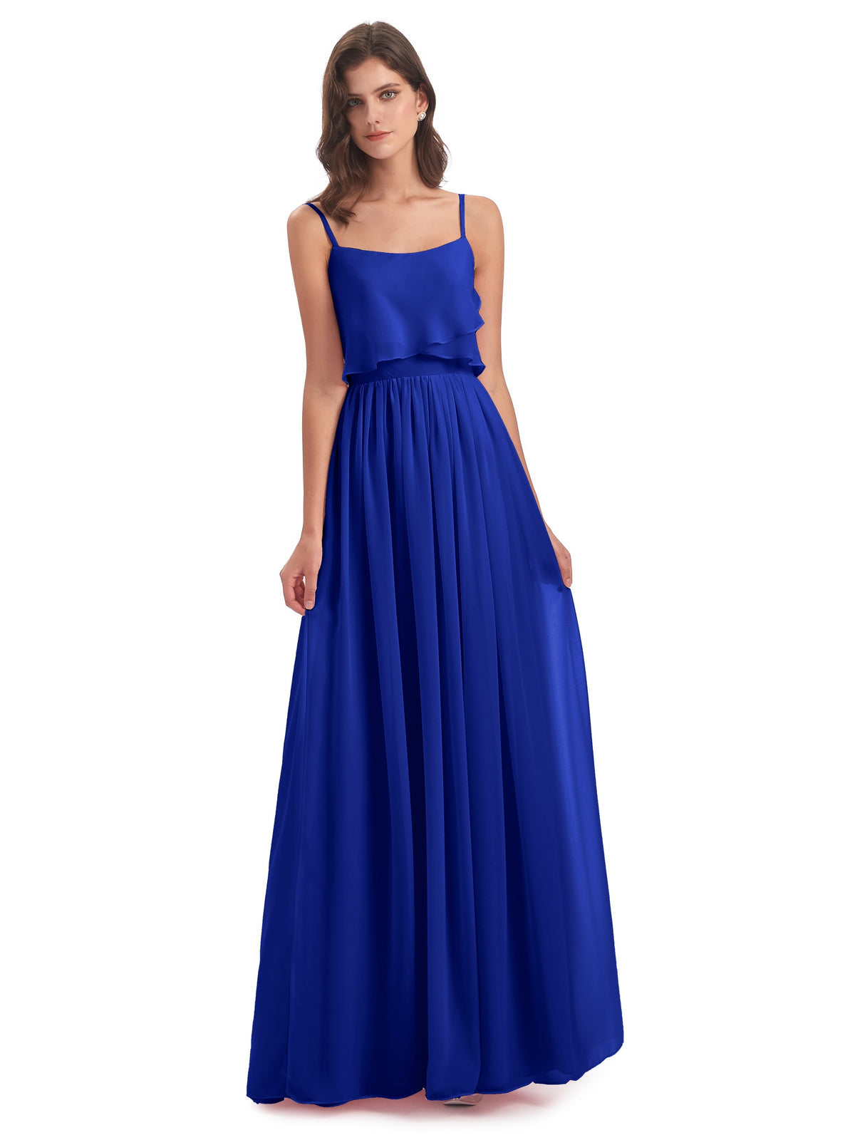Demoiselle D Honneur Bleu Roi Bretelles Spaghetti Mousseline Longue Robes Demoiselle D'Honneur