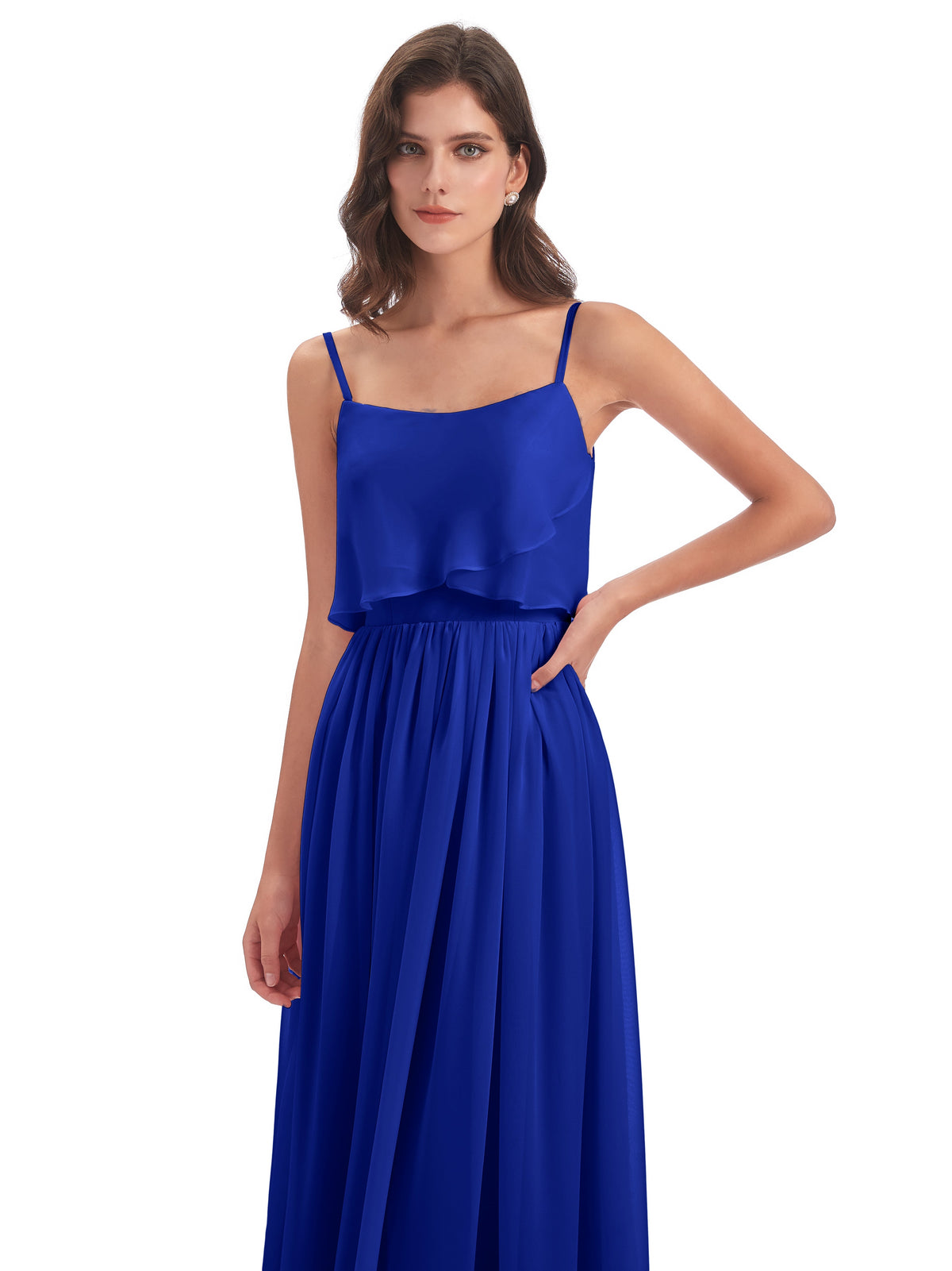 Demoiselle D Honneur Bleu Roi Bretelles Spaghetti Mousseline Longue Robes Demoiselle D'Honneur
