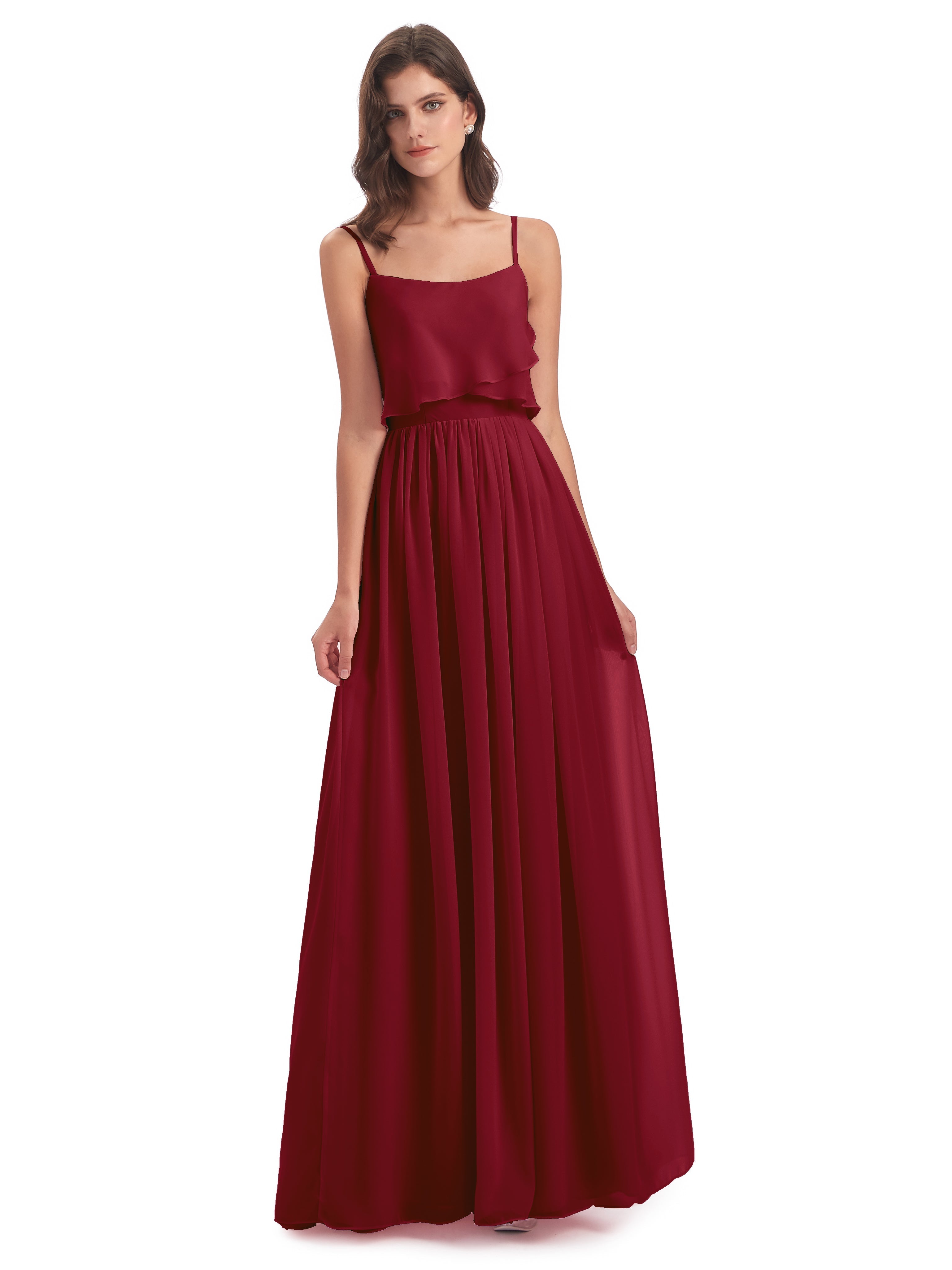 Demoiselle D Honneur Bordeaux Bretelles Spaghetti Mousseline Longue Robes Demoiselle D'Honneur